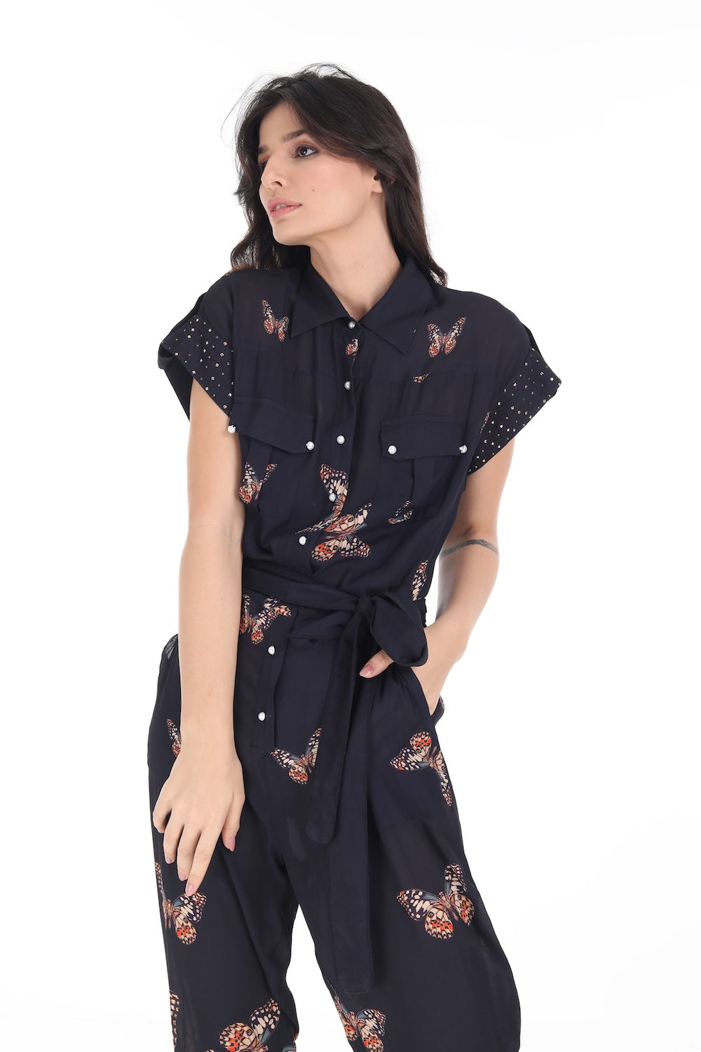 Front view of the Orange, White & Black Corasone Lena Jumpsuit (TheSwankStore) Soft Viscose fabric