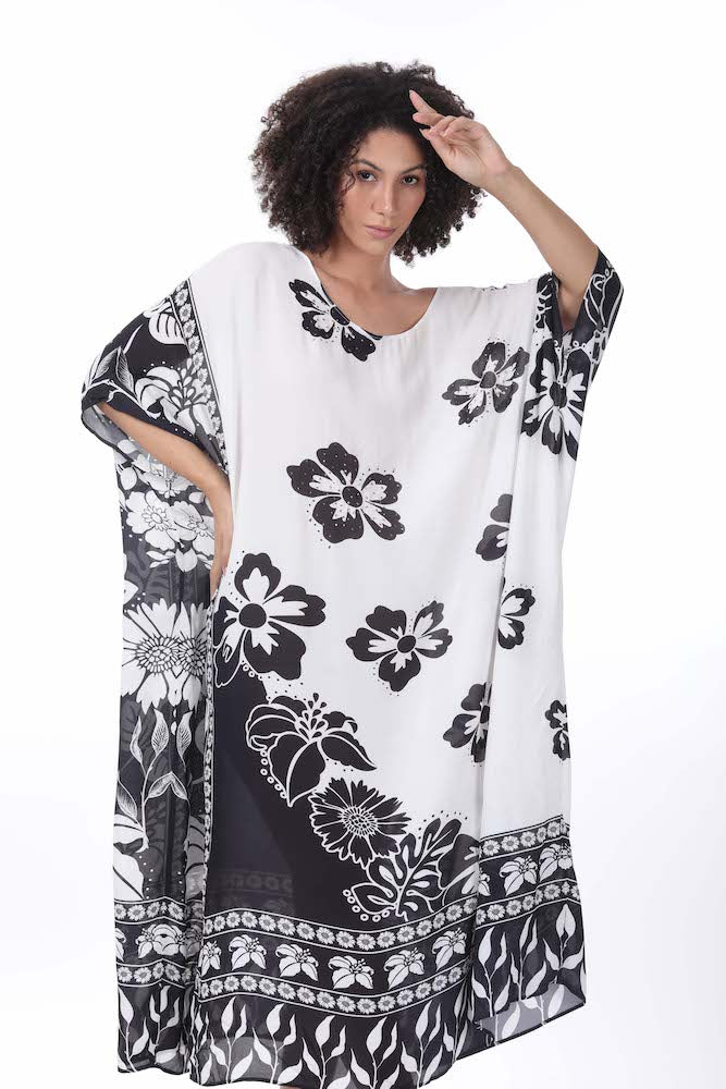 Front view of the black and white AVANTI - BOX KAFTAN Premium 100% Soft Viscose Fabric