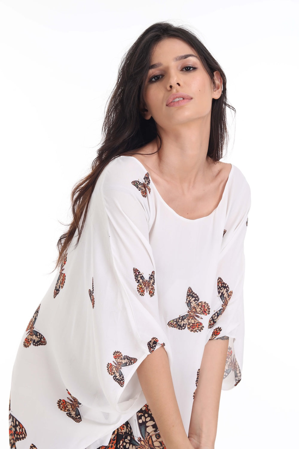 Front view of the Orange, White & Black Corasone Short Box Kaftan (TheSwankStore) Soft Viscose fabric