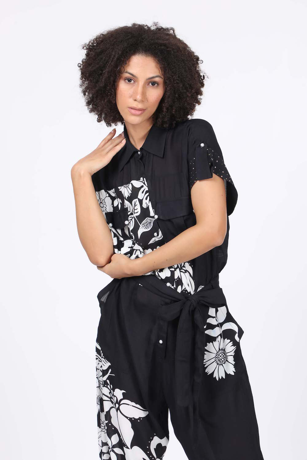 Front view of the black and white Avanti Lena Jumpsuit (TheSwankStore with Viscose fabric