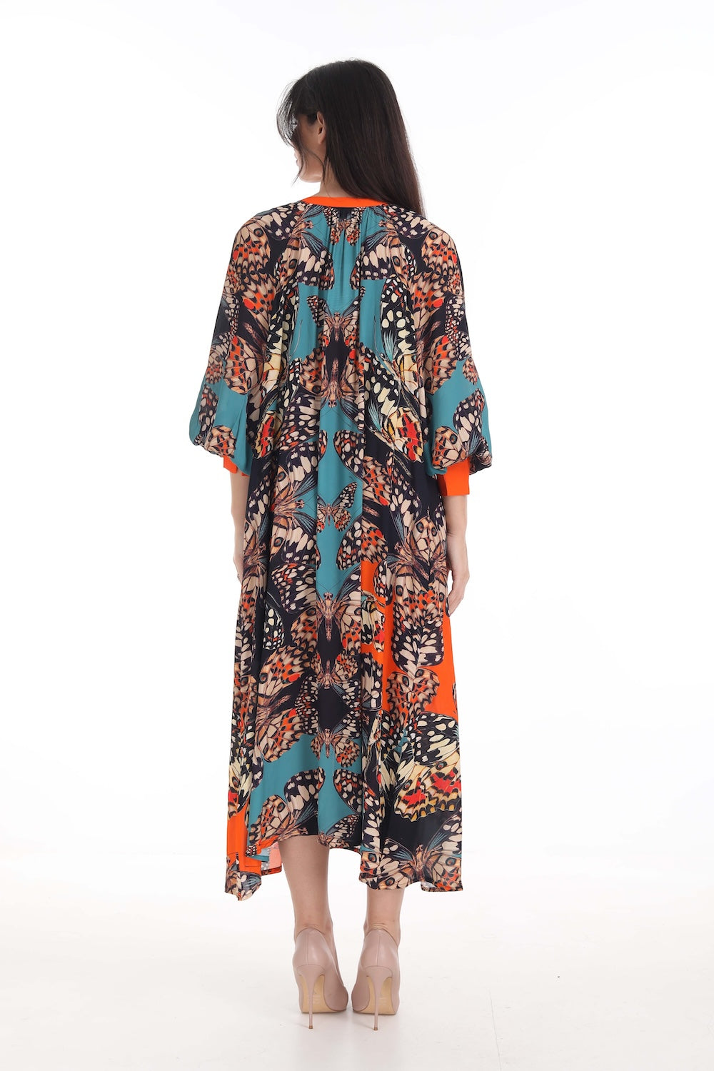 Back view of the Orange, White & Black Corasone Smock Dress (TheSwankStore) Soft Viscose fabric