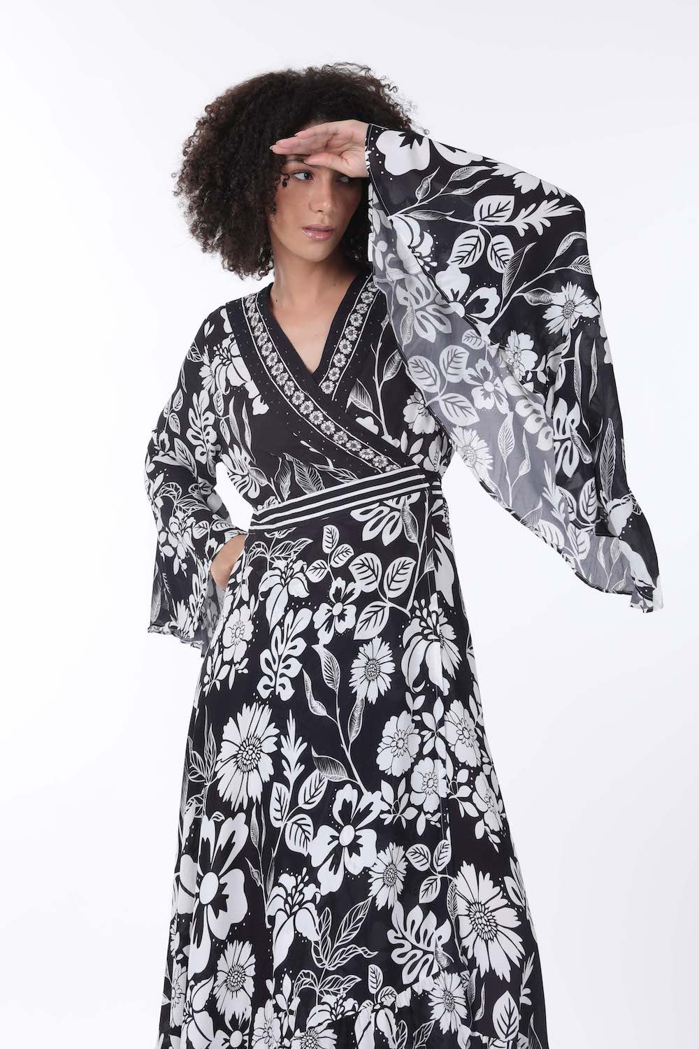 Front view of the black and white AVANTI - DAISY DRESS Modern design with Viscose fabric