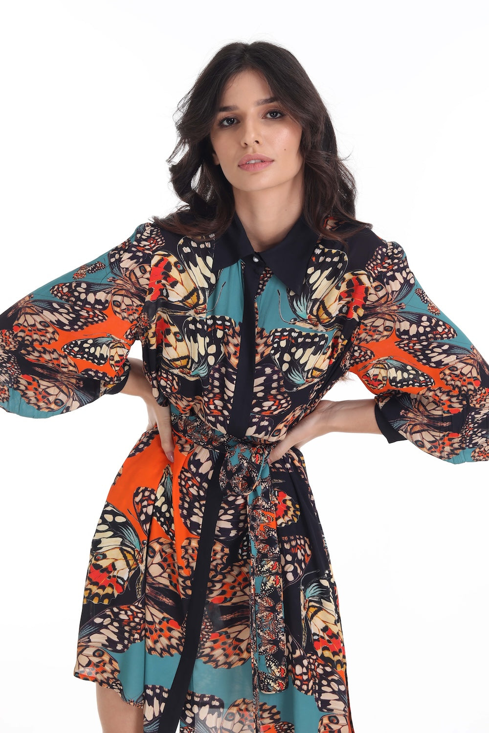 Front view of the Orange, White & Black Corasone Shirt Dress (TheSwankStore) Soft Viscose fabric