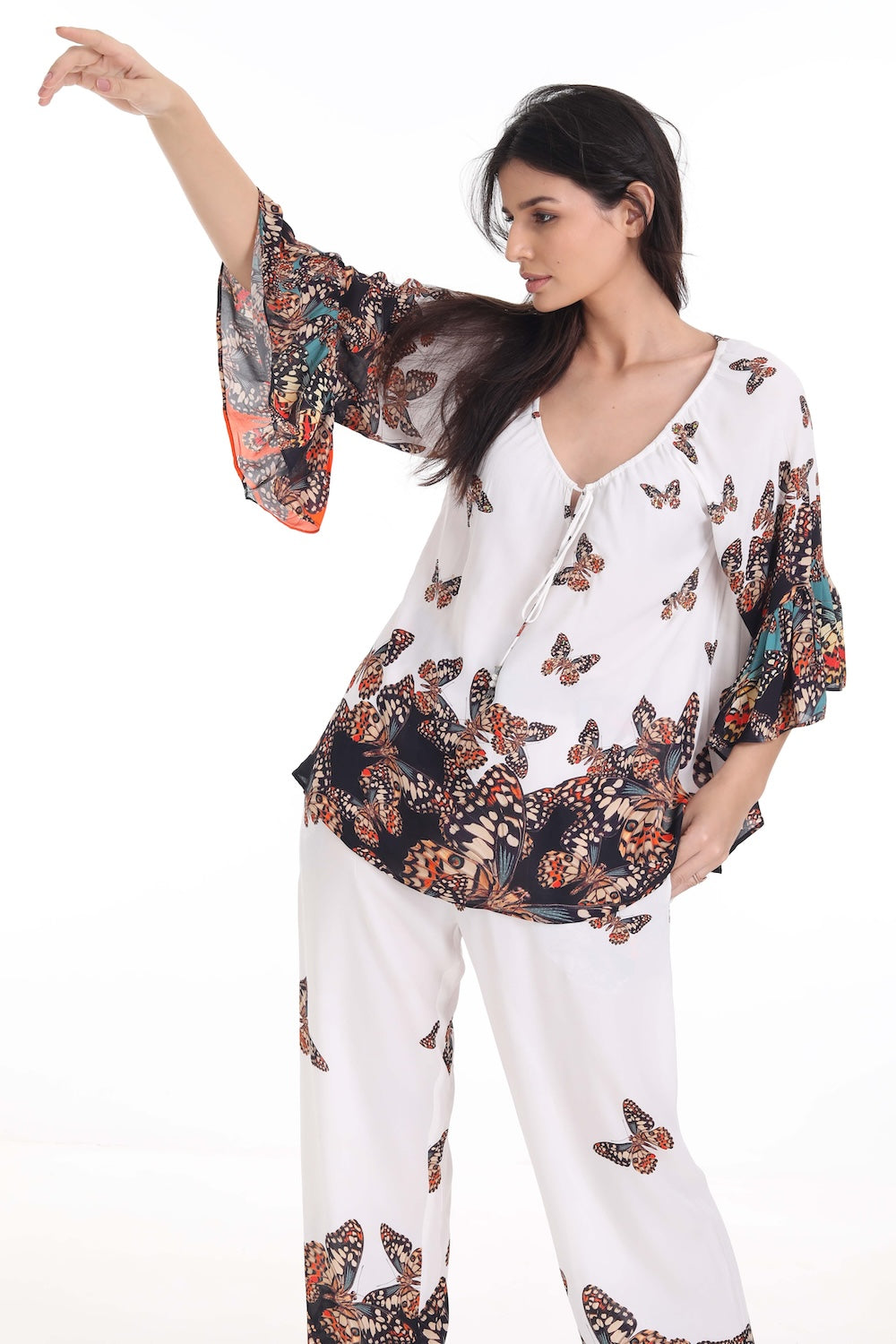 Front view of the Orange, White & Black Corasone Gypsy Tunic (TheSwankStore) Soft Viscose fabric