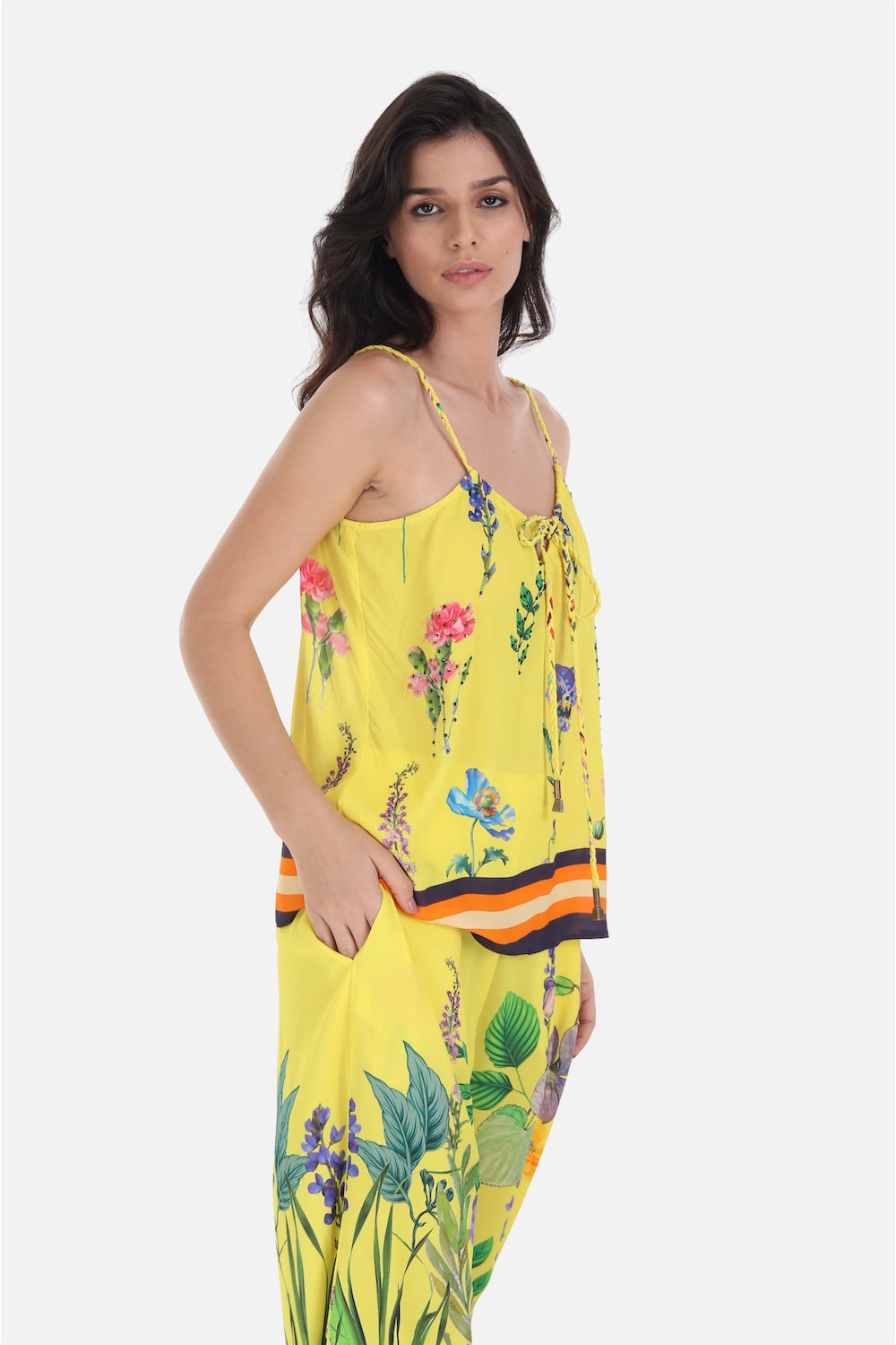 Side view of the yellow, green and black Calico Cami Top  (TheSwankStore) Viscose Crepe fabric