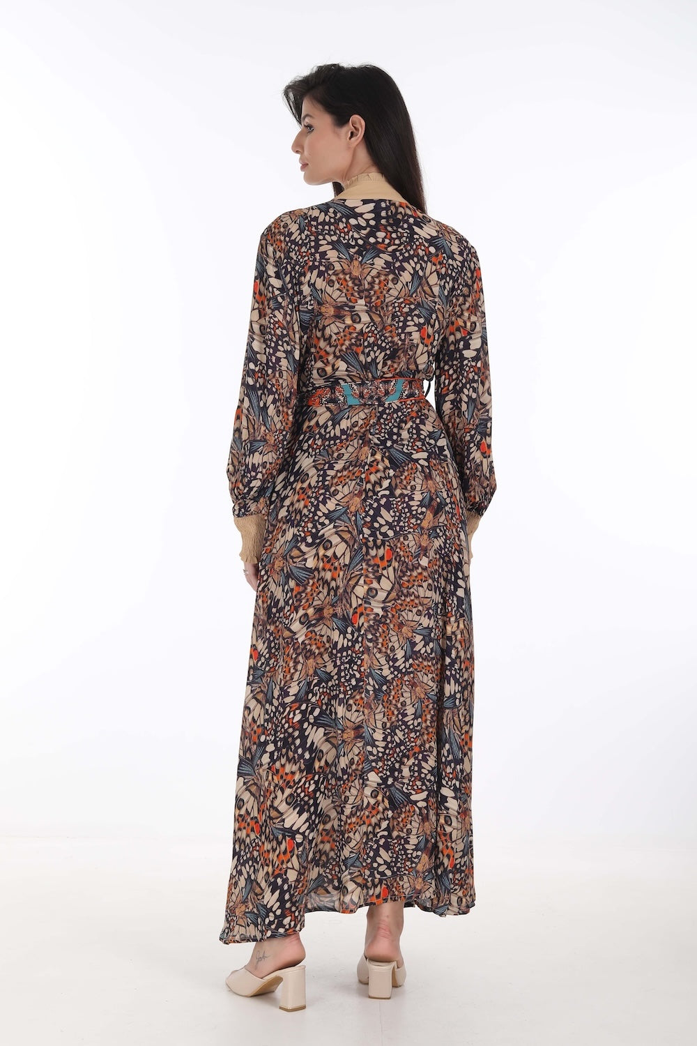 Back view of the Orange, White & Black Corasone Long Freya Dress (TheSwankStore) Soft Viscose fabric