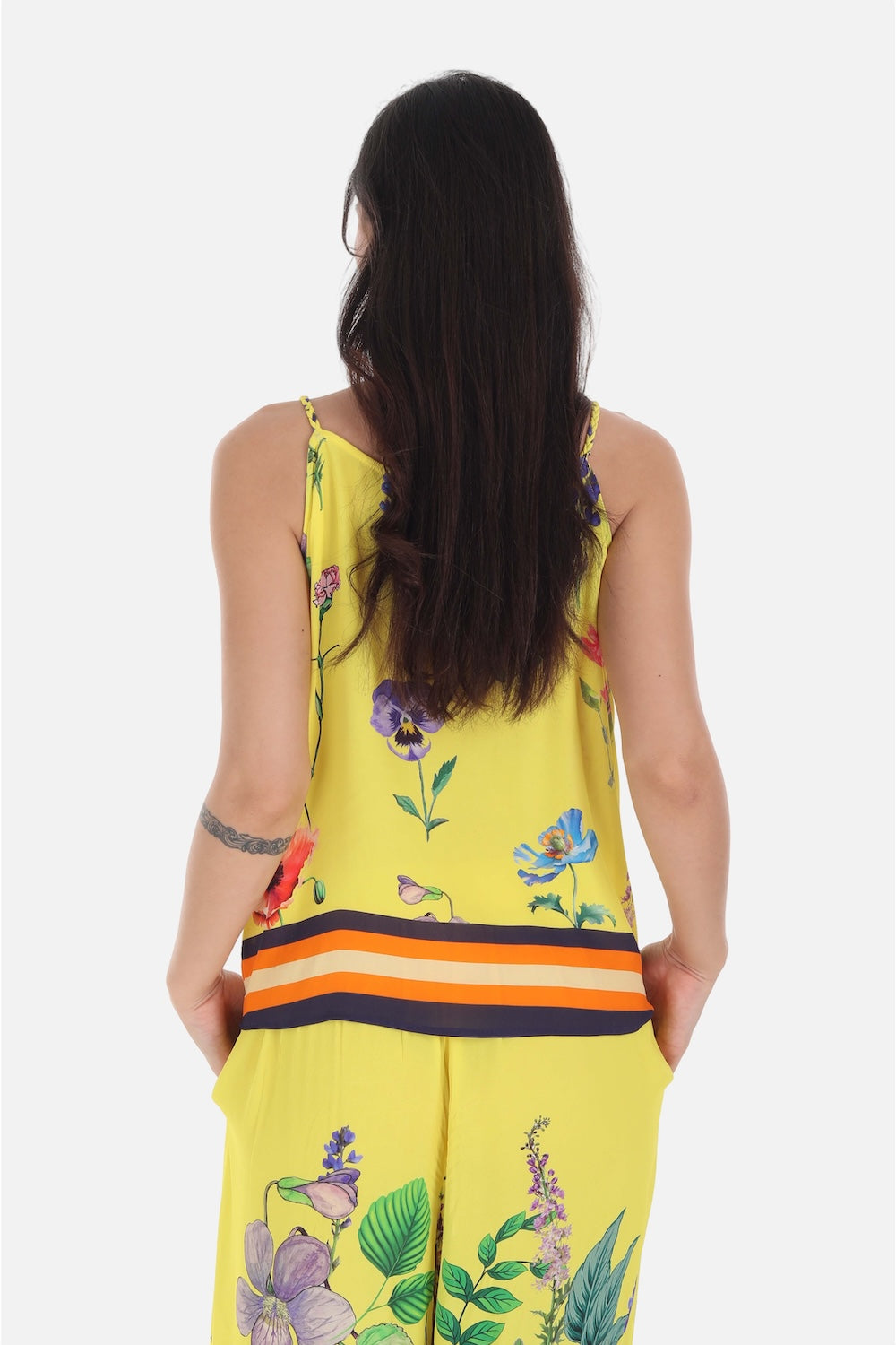 Back View of the yellow, green and black Calico Cami Top  (TheSwankStore) Viscose Crepe fabric