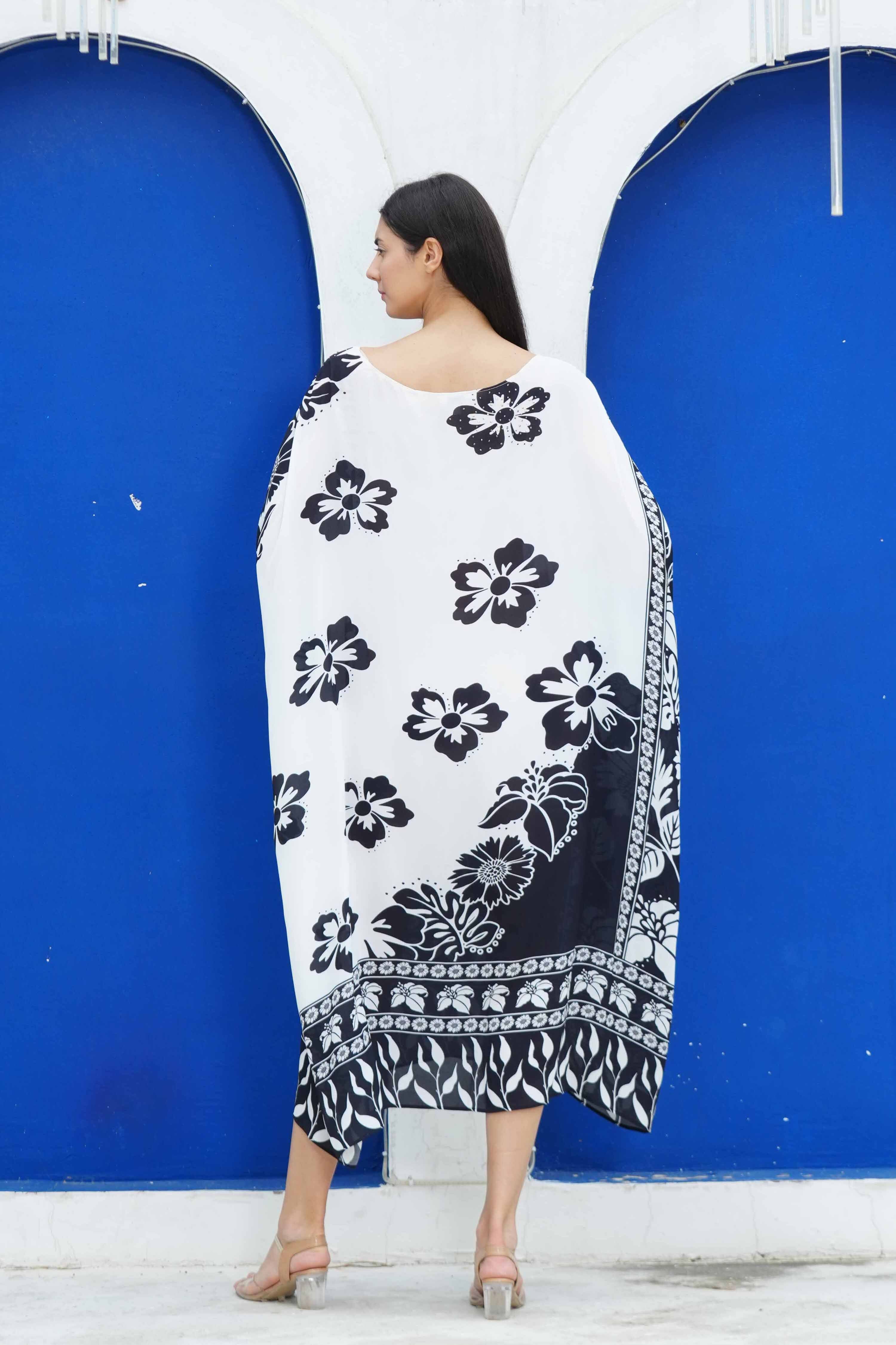 Back view of the black and white AVANTI - BOX KAFTAN Premium 100% Soft Viscose Fabric