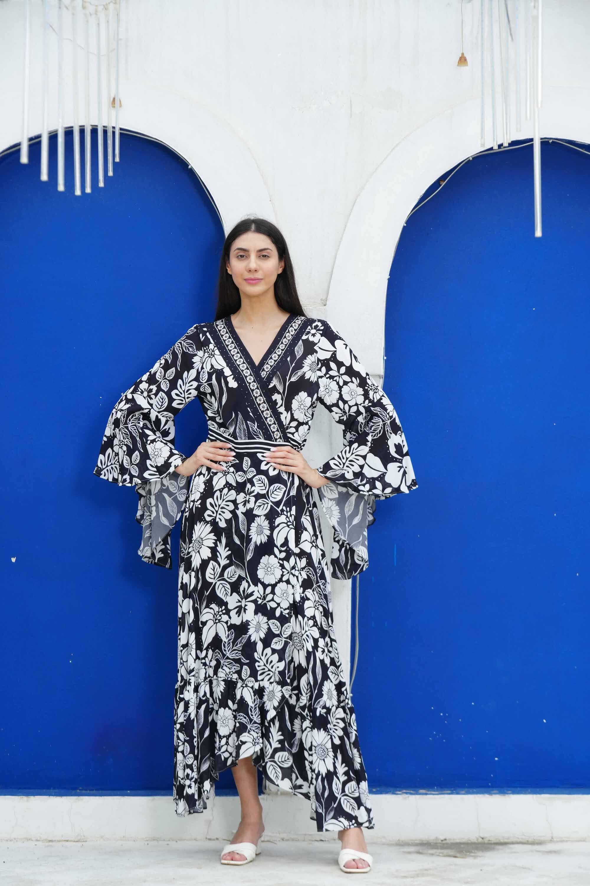 Front view of the black and white AVANTI - DAISY DRESS Modern design with Viscose fabric