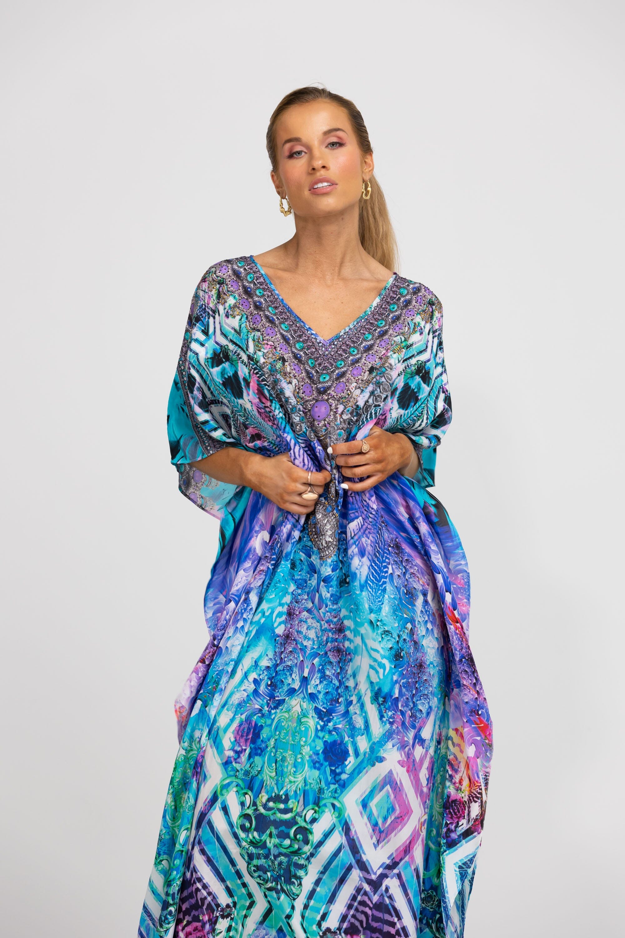Front view of the Blue, White, Purple & Black, Red Indigo Summer Long Kaftan (TheSwankStore) Soft Viscose fabric