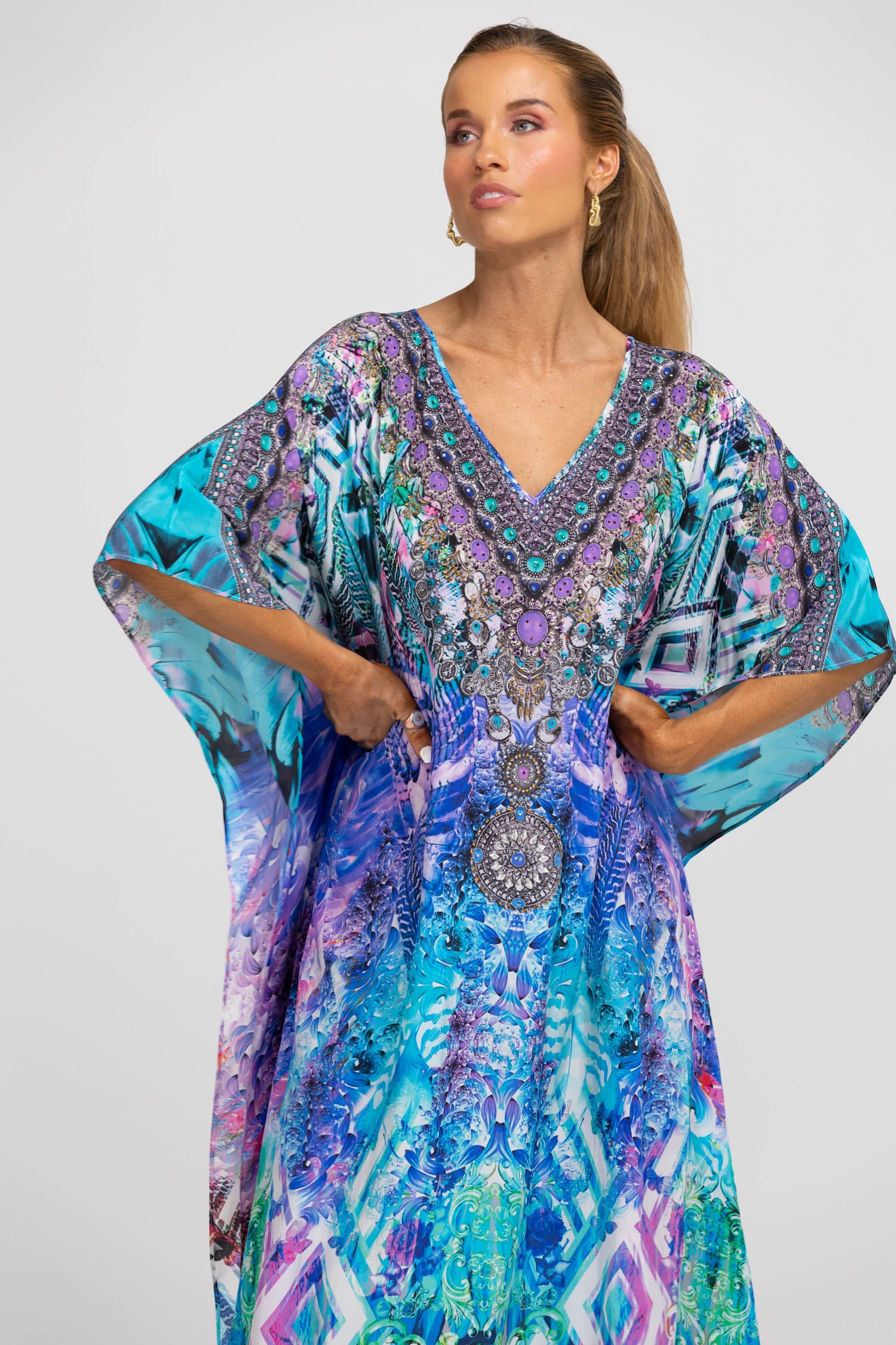 Front view of the Blue, White, Purple & Black, Red Indigo Summer Long Kaftan (TheSwankStore) Soft Viscose fabric