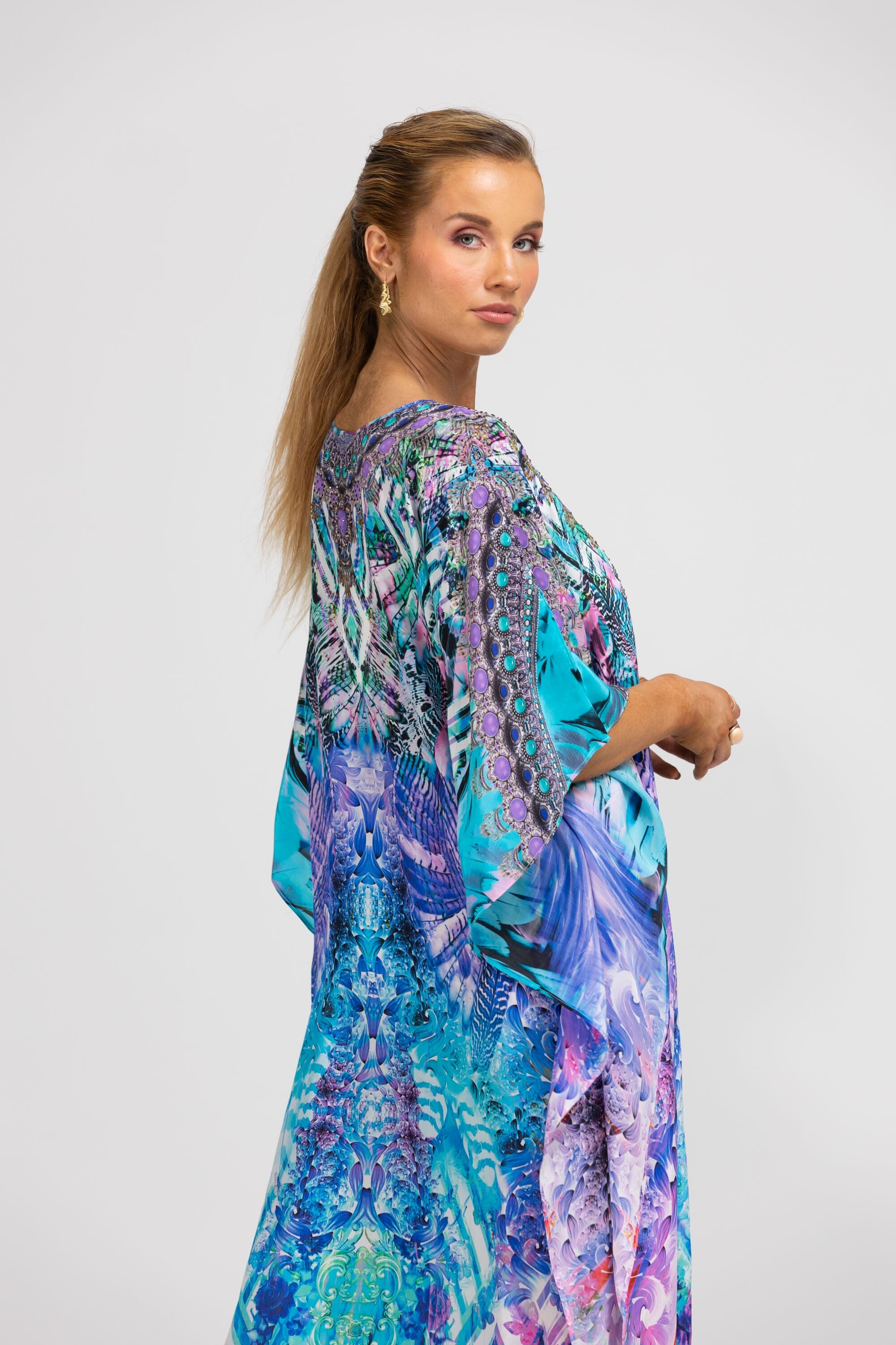 Side view of the Blue, White, Purple & Black, Red Indigo Summer Long Kaftan (TheSwankStore) Soft Viscose fabric