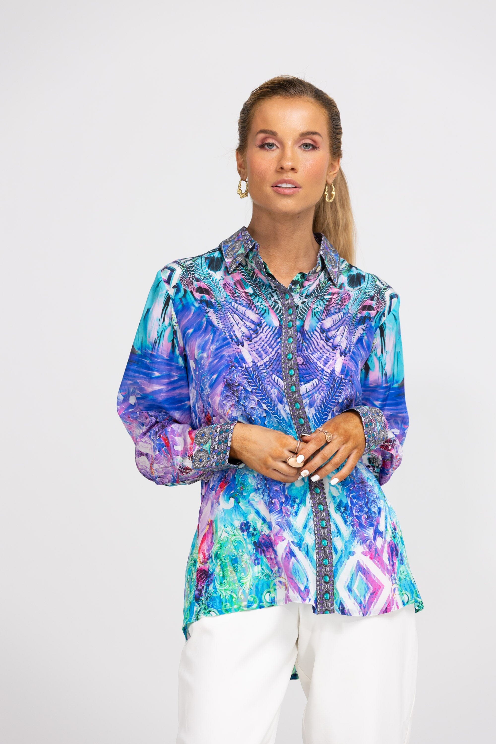 Front view of the Blue, White, Purple & Black, Red Indigo Summer Collar Shirt (TheSwankStore) Soft Viscose fabric
