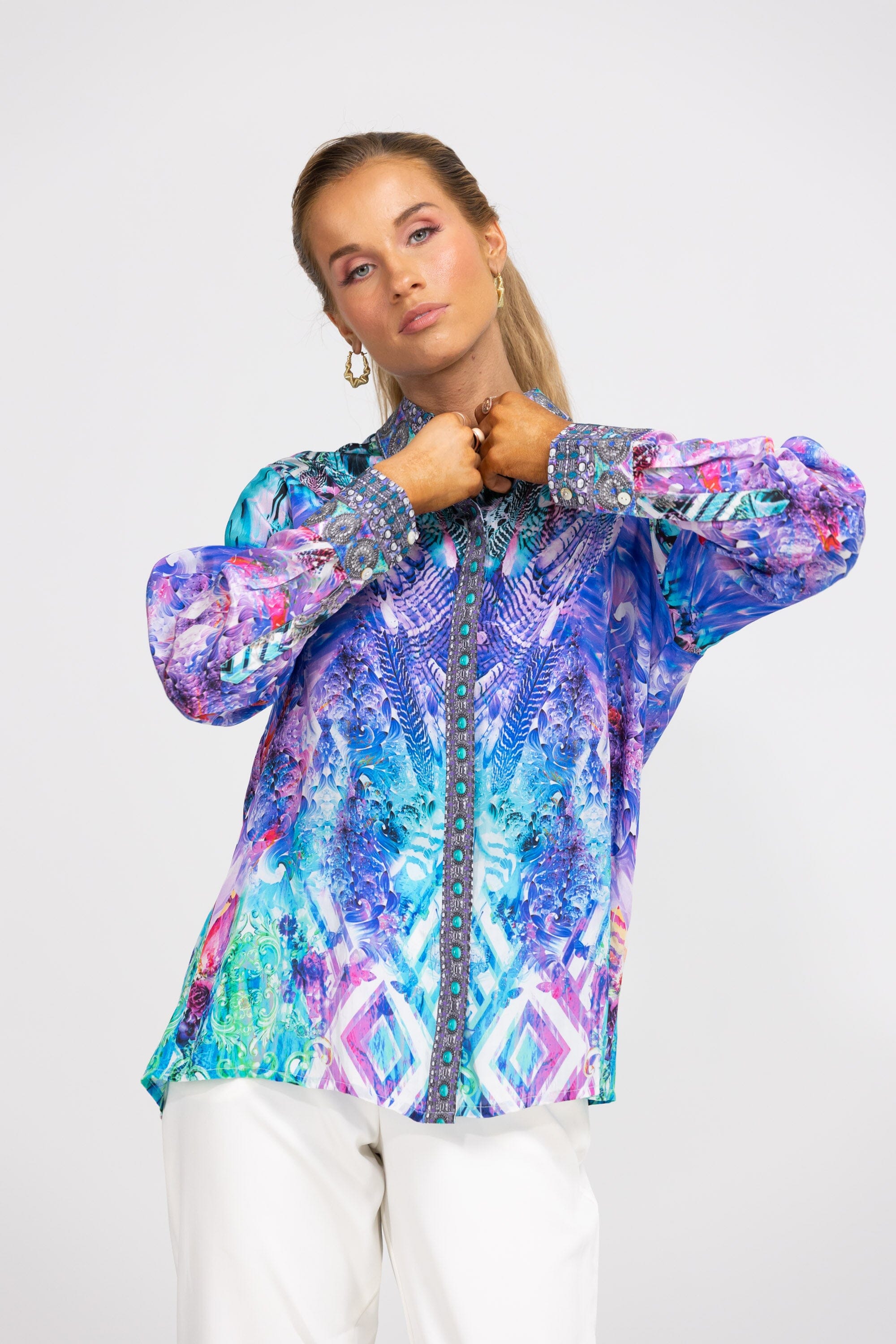 Front view of the Blue, White, Purple & Black, Red Indigo Summer Collar Shirt (TheSwankStore) Soft Viscose fabric
