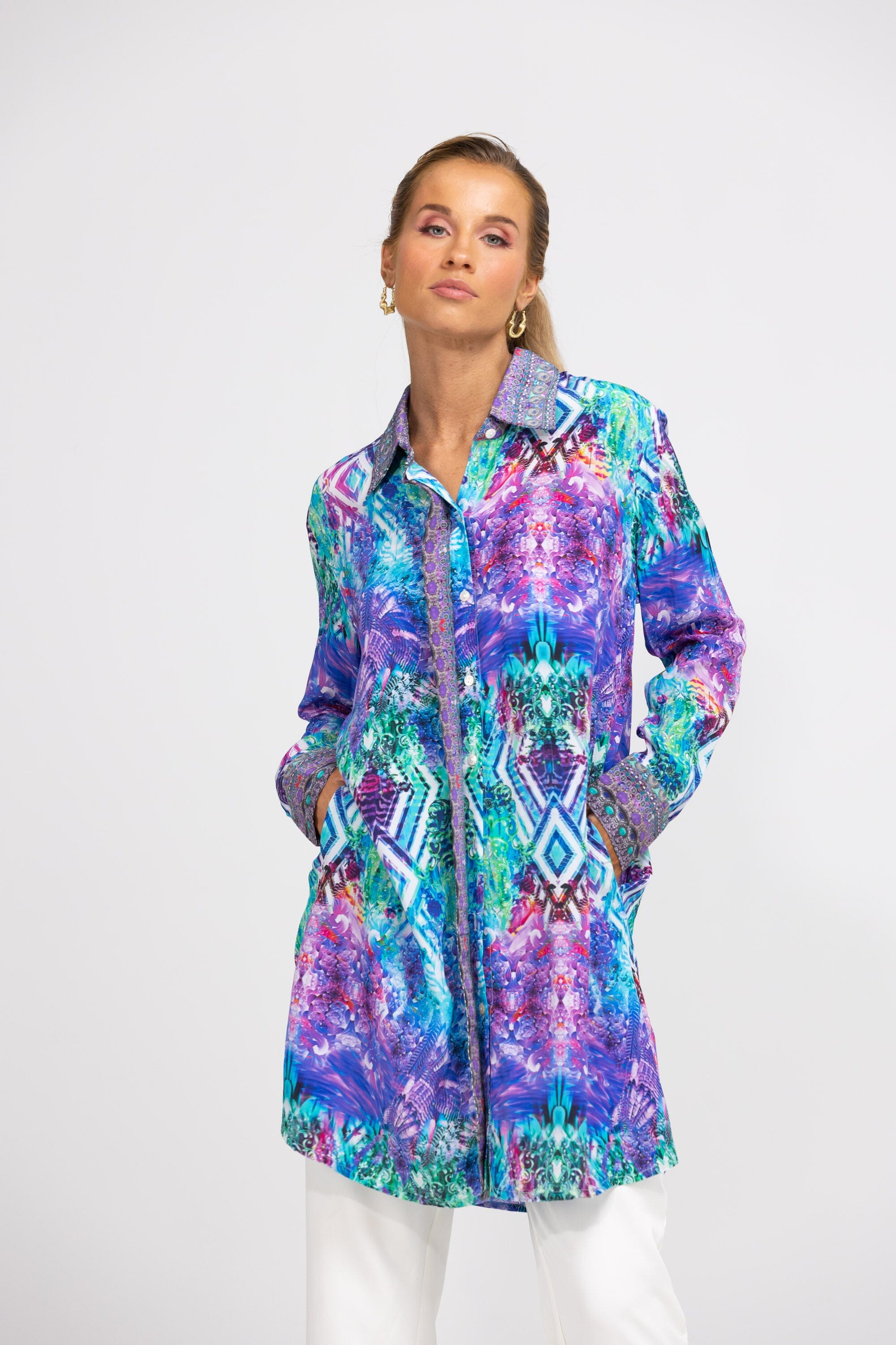 Front view of the Blue, White, Purple & Black, Red Indigo Summer Shirt Dress (TheSwankStore) Soft Viscose fabric