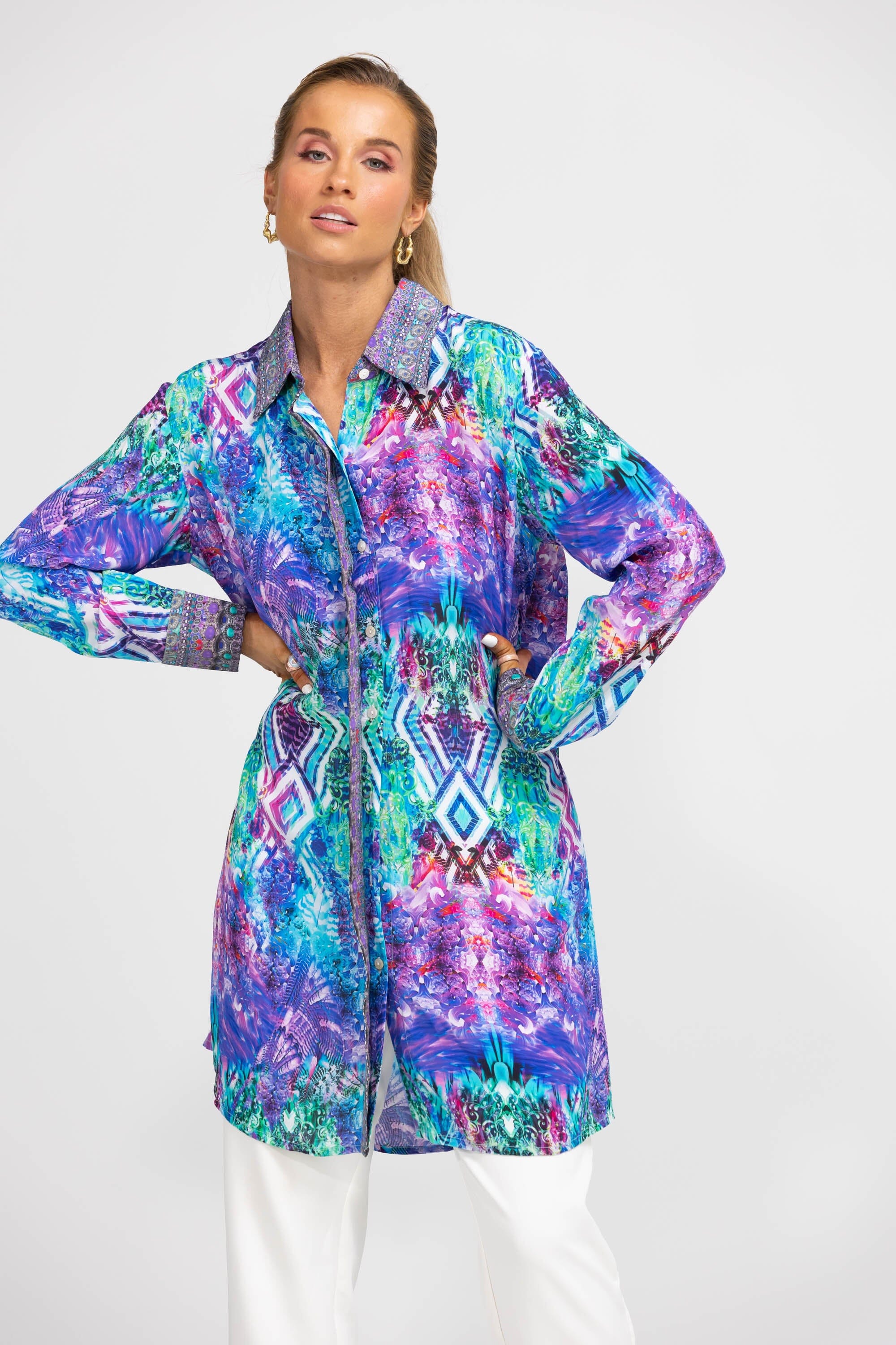 Front view of the Blue, White, Purple & Black, Red Indigo Summer Shirt Dress (TheSwankStore) Soft Viscose fabric