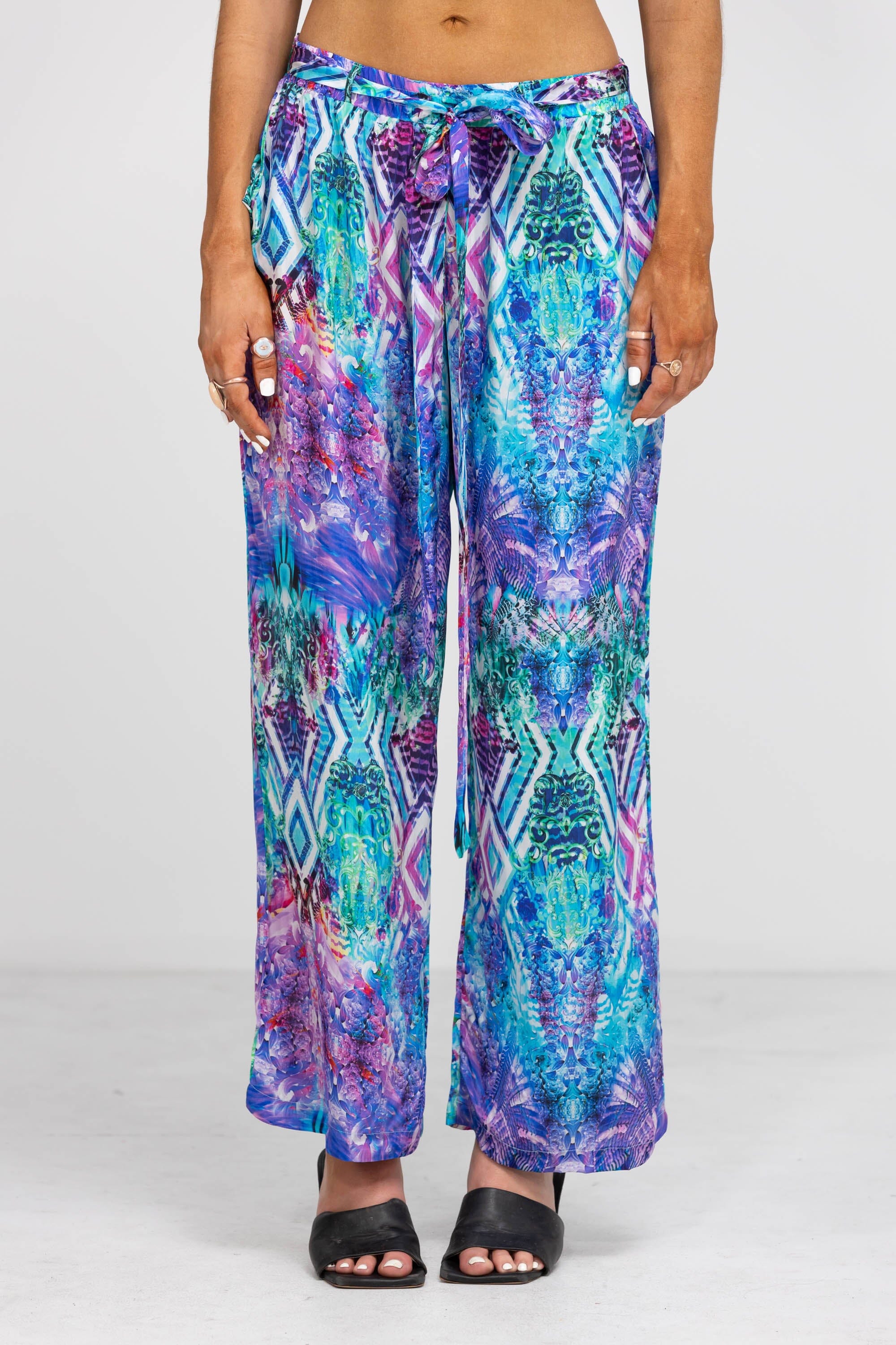 Front view of the Blue, White, Purple & Black, Red Indigo Summer Pants (TheSwankStore) Soft Viscose fabric