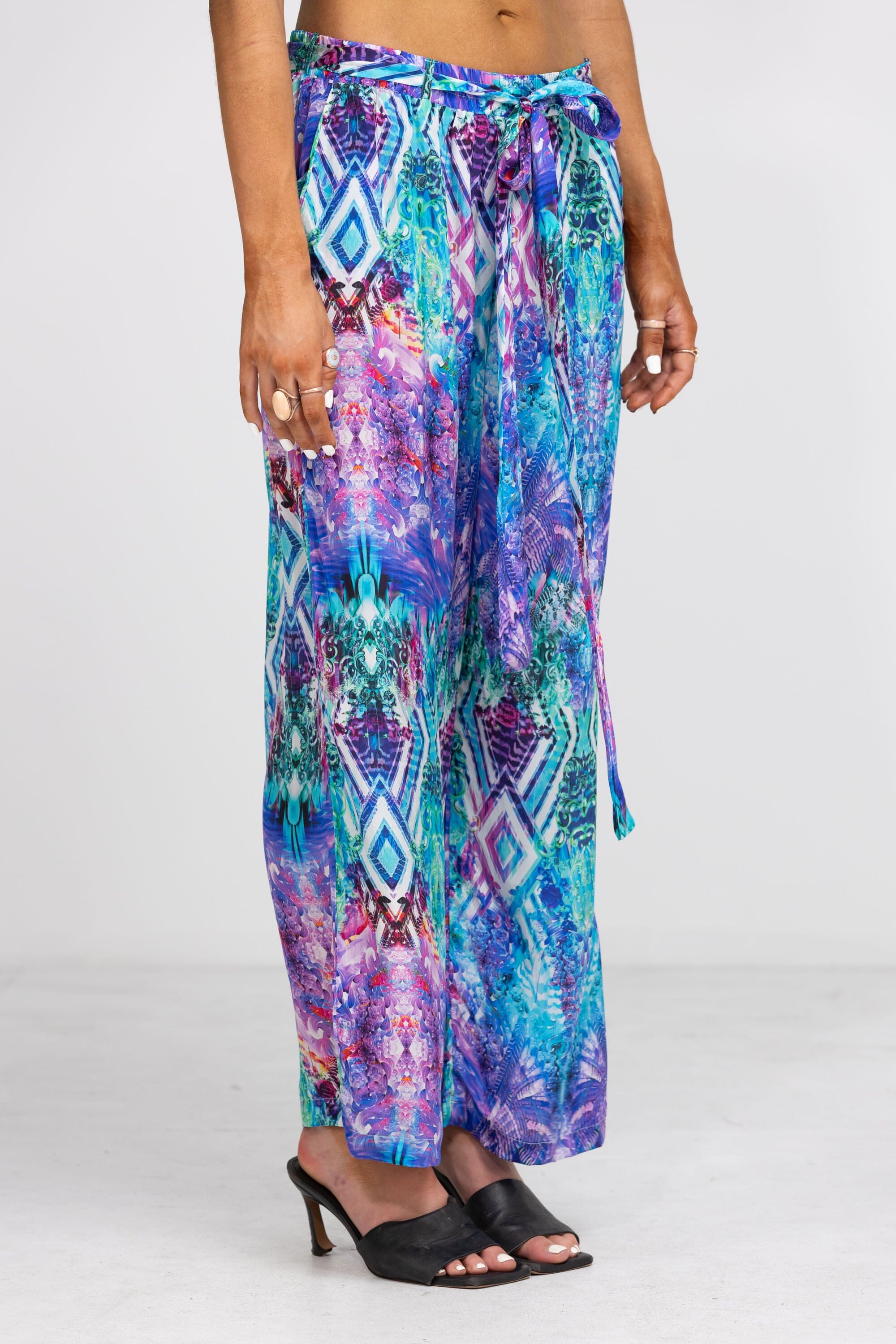 Side view of the Blue, White, Purple & Black, Red Indigo Summer Pants (TheSwankStore) Soft Viscose fabric