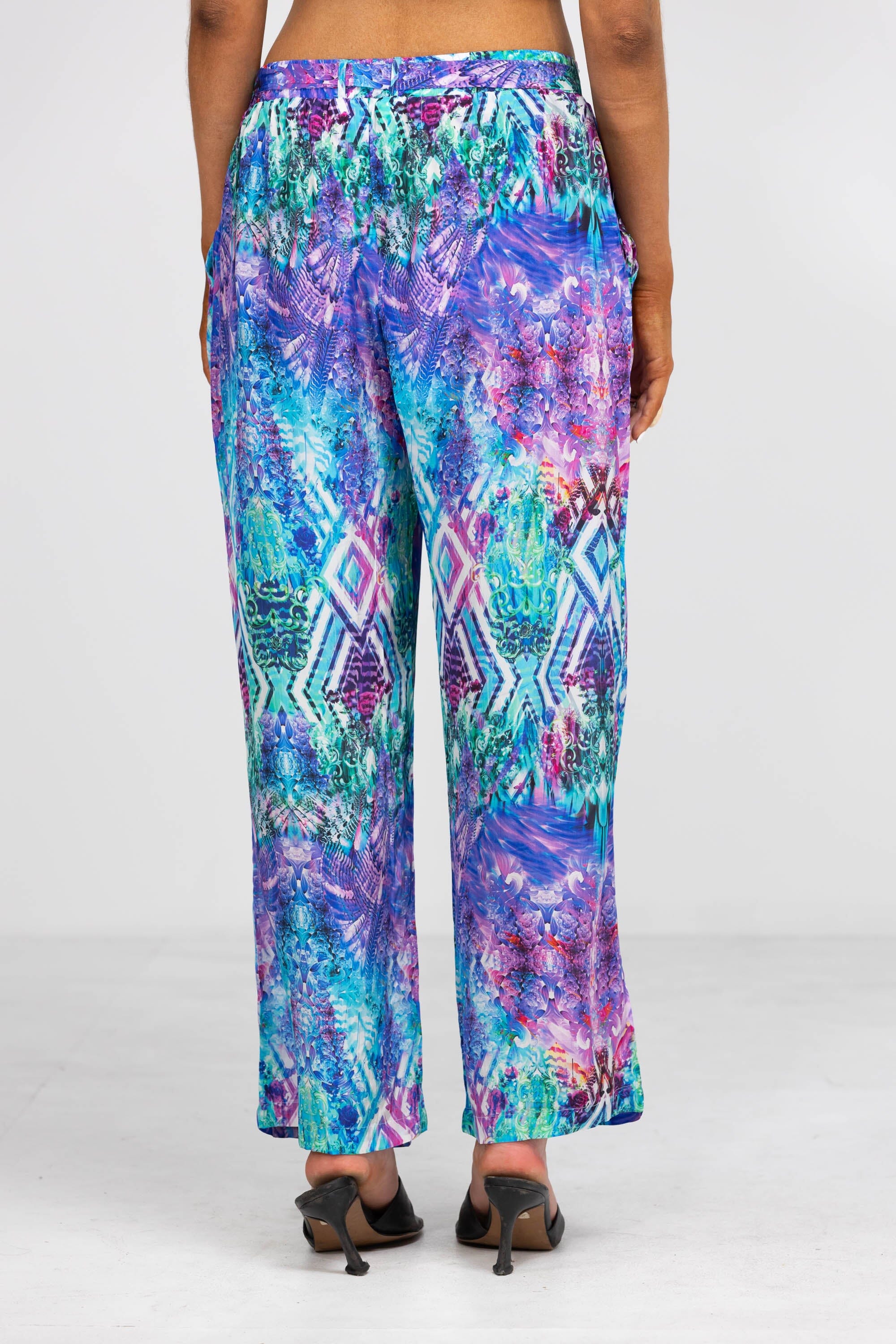 Back view of the Blue, White, Purple & Black, Red Indigo Summer Pants (TheSwankStore) Soft Viscose fabric