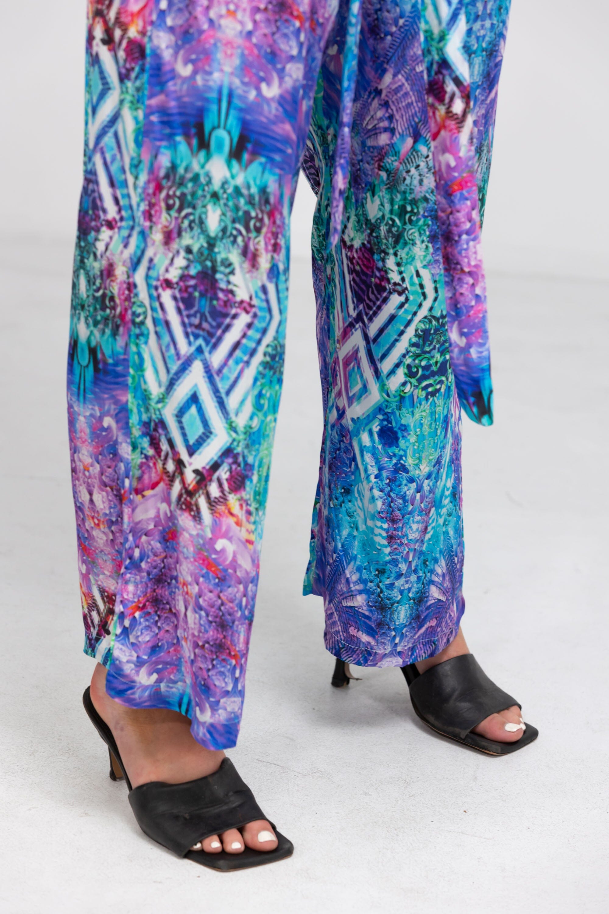 Front view of the Blue, White, Purple & Black, Red Indigo Summer Pants (TheSwankStore) Soft Viscose fabric