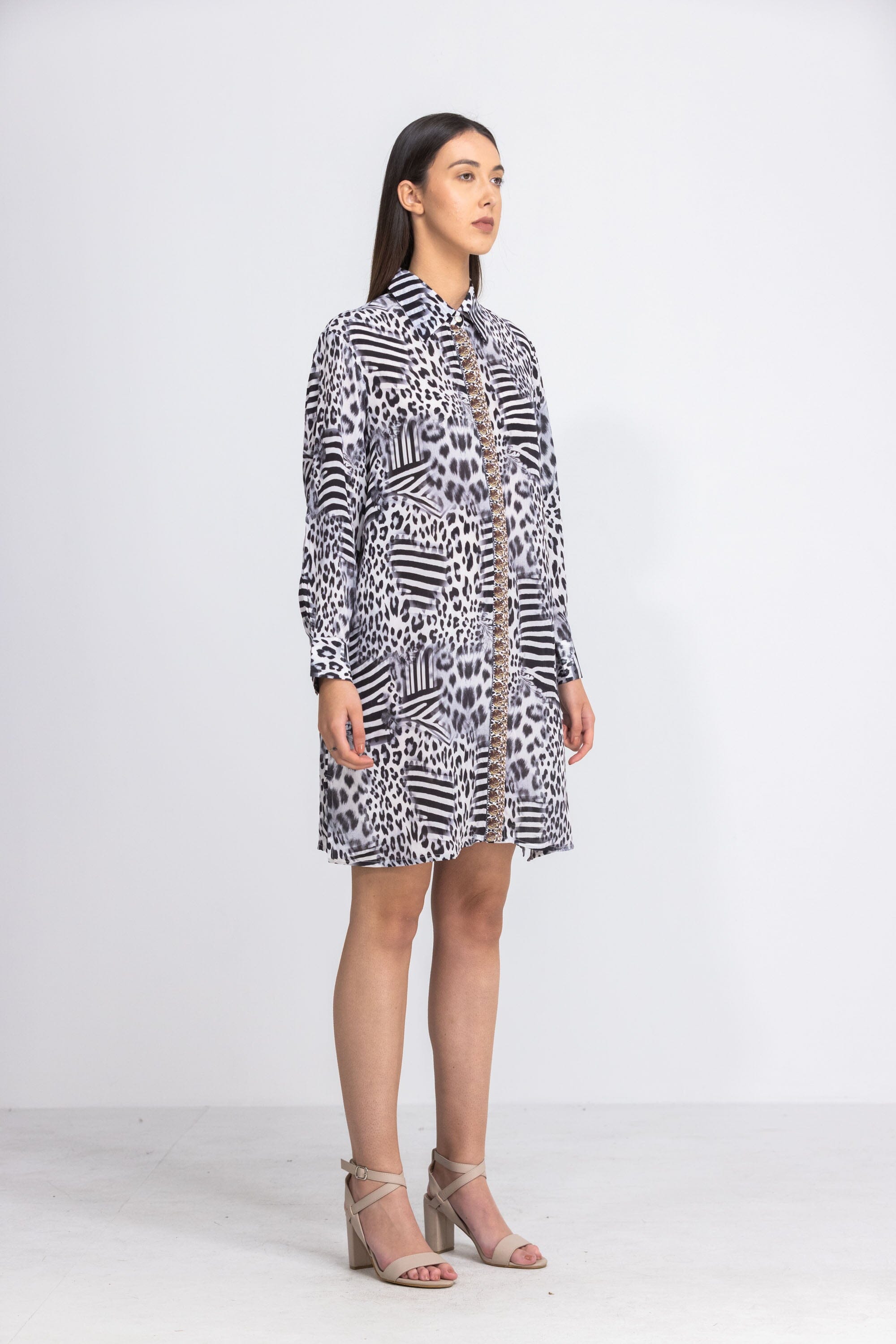 Side view of the Black, White & Orange Zaffari Shirt Dress (TheSwankStore) Soft Viscose fabric