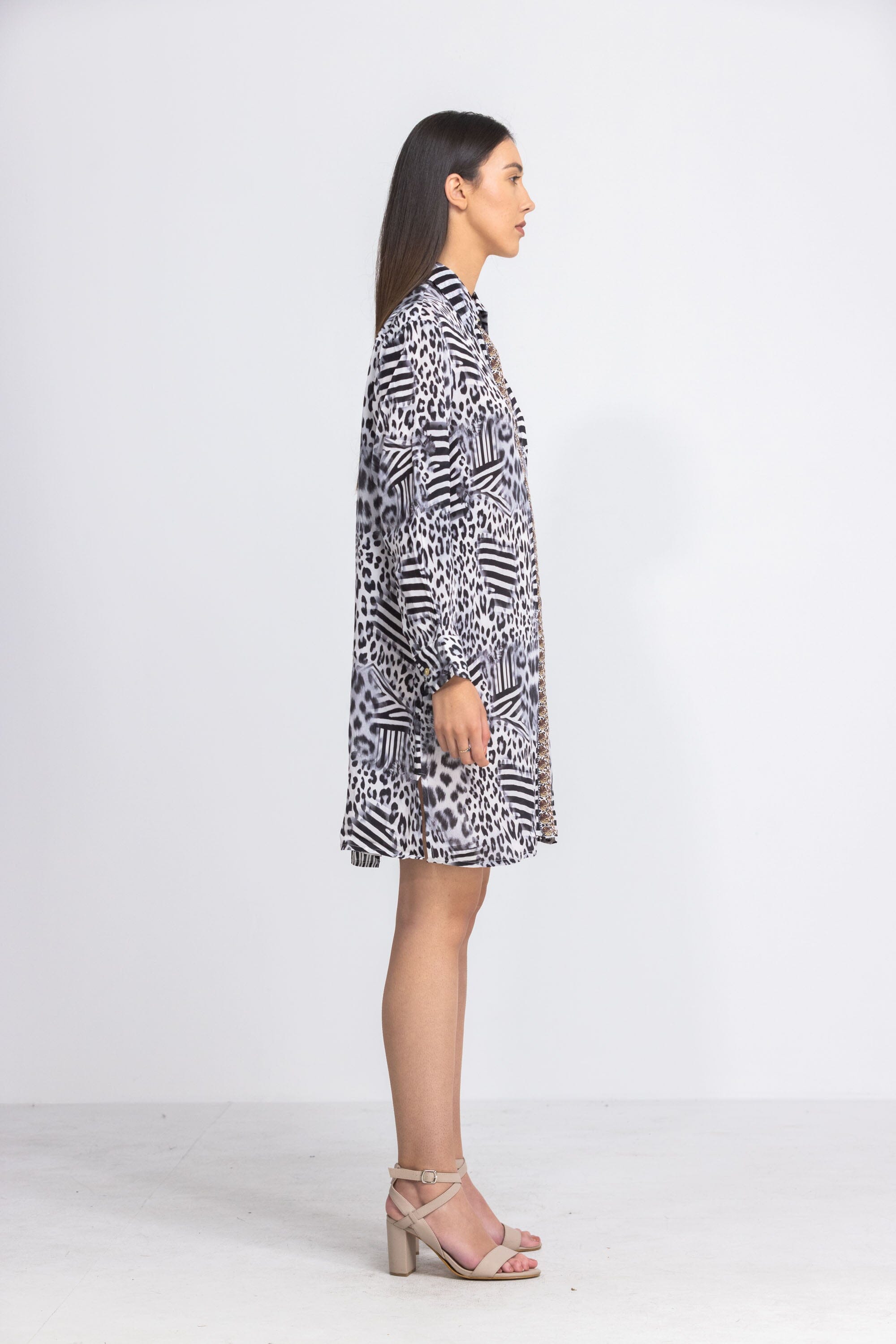 Side view of the Black, White & Orange Zaffari Shirt Dress (TheSwankStore) Soft Viscose fabric
