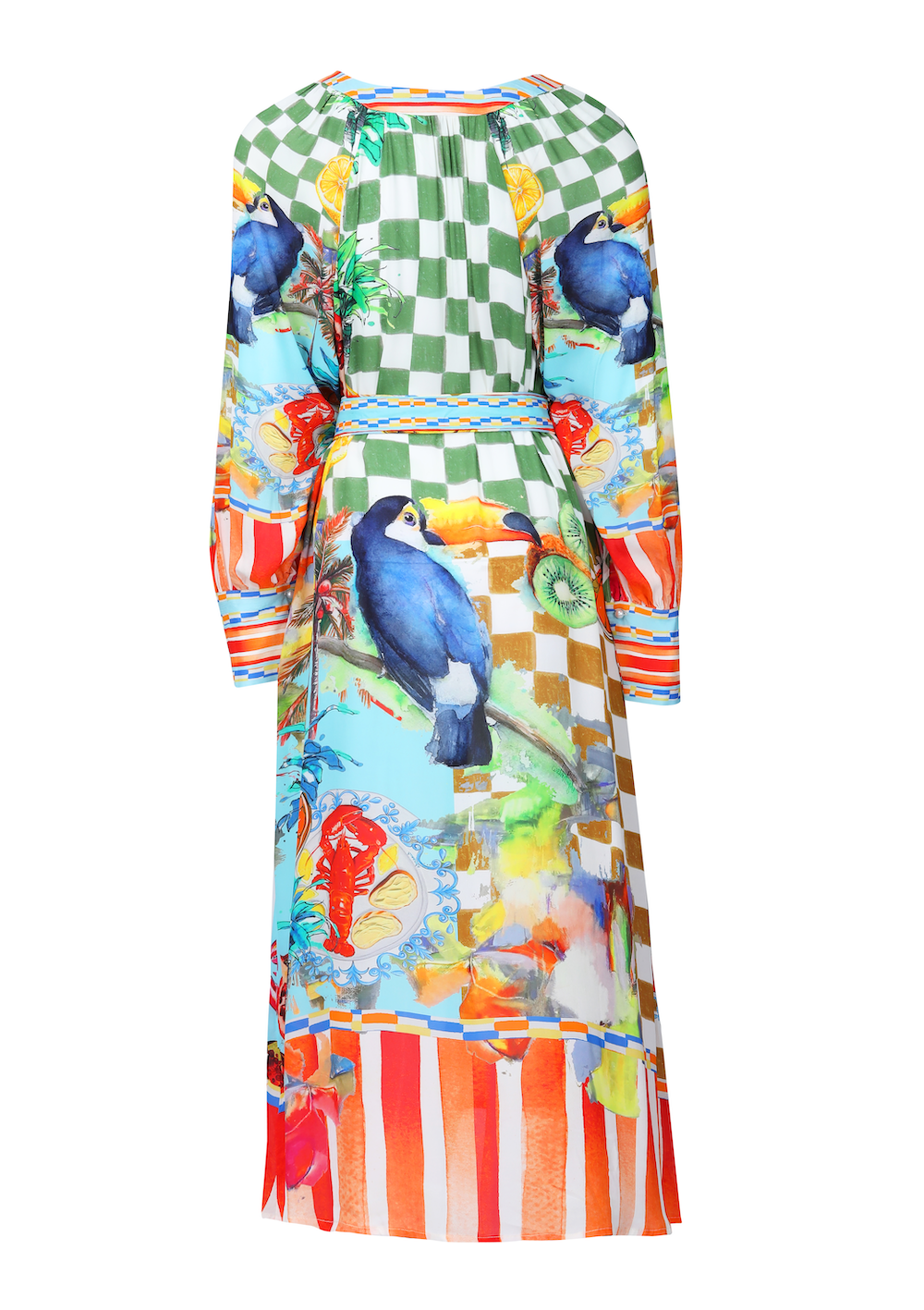 Back view of the Green, Yellow and Orange Lucciano Smock Dress (TheSwankStore) Soft Viscose fabric