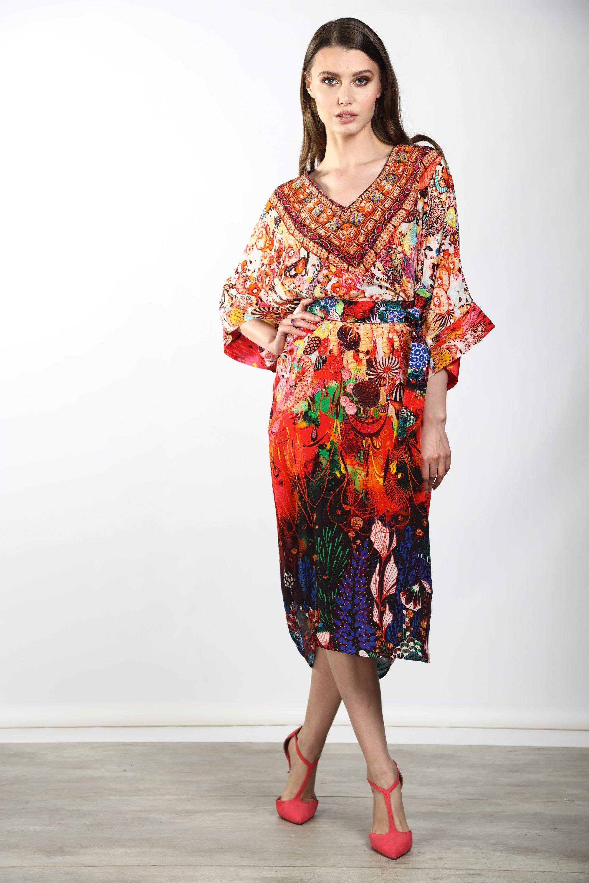 Front view of the Bronze, Blue, Red & Purple Corralle Midi Dress With Short Sleeve (TheSwankStore) Soft Viscose fabric