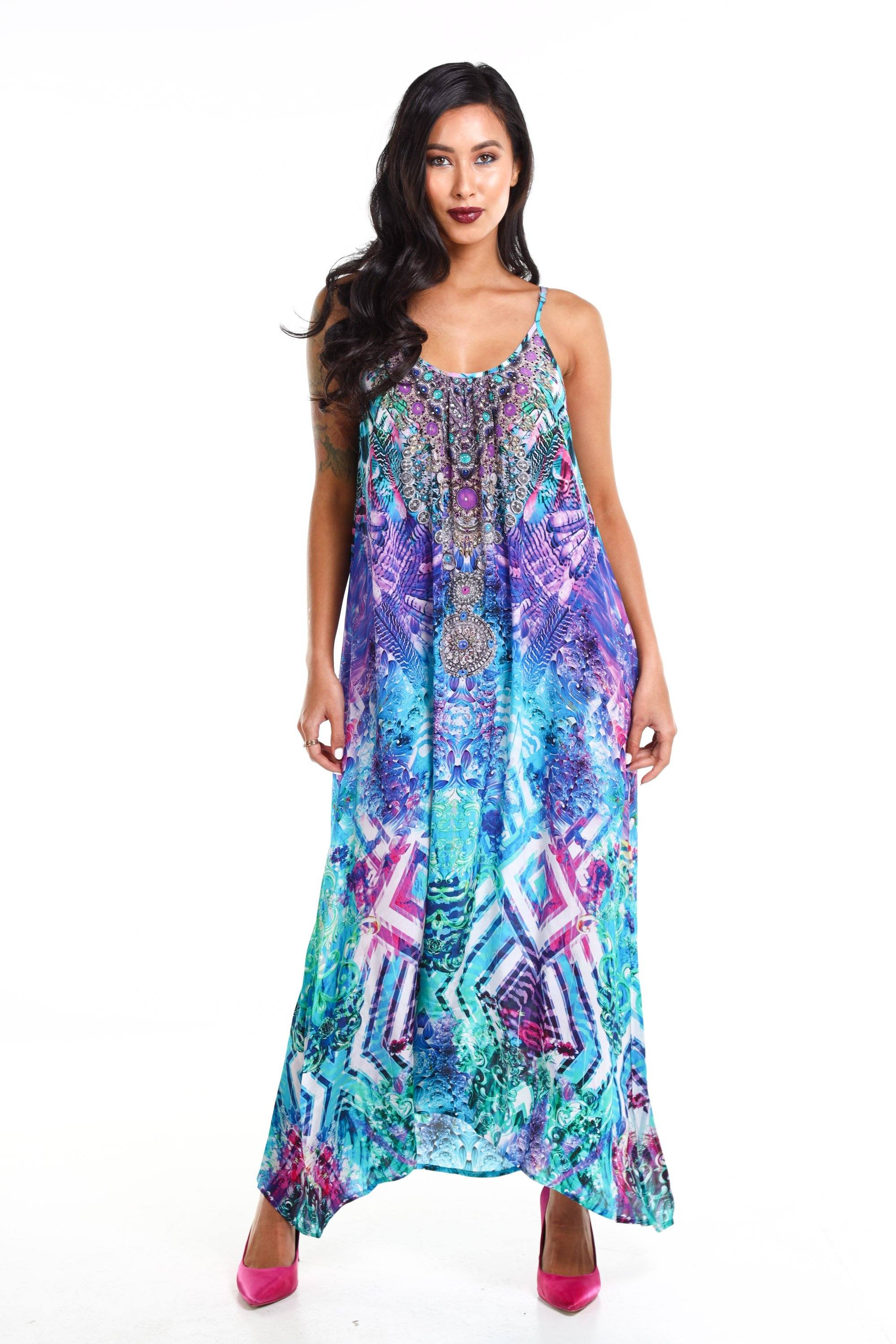 Front view of the Blue, White, Purple & Black, Red Indigo Summer Maxi Dress With Adjustable Straps (TheSwankStore) Soft Viscose fabric