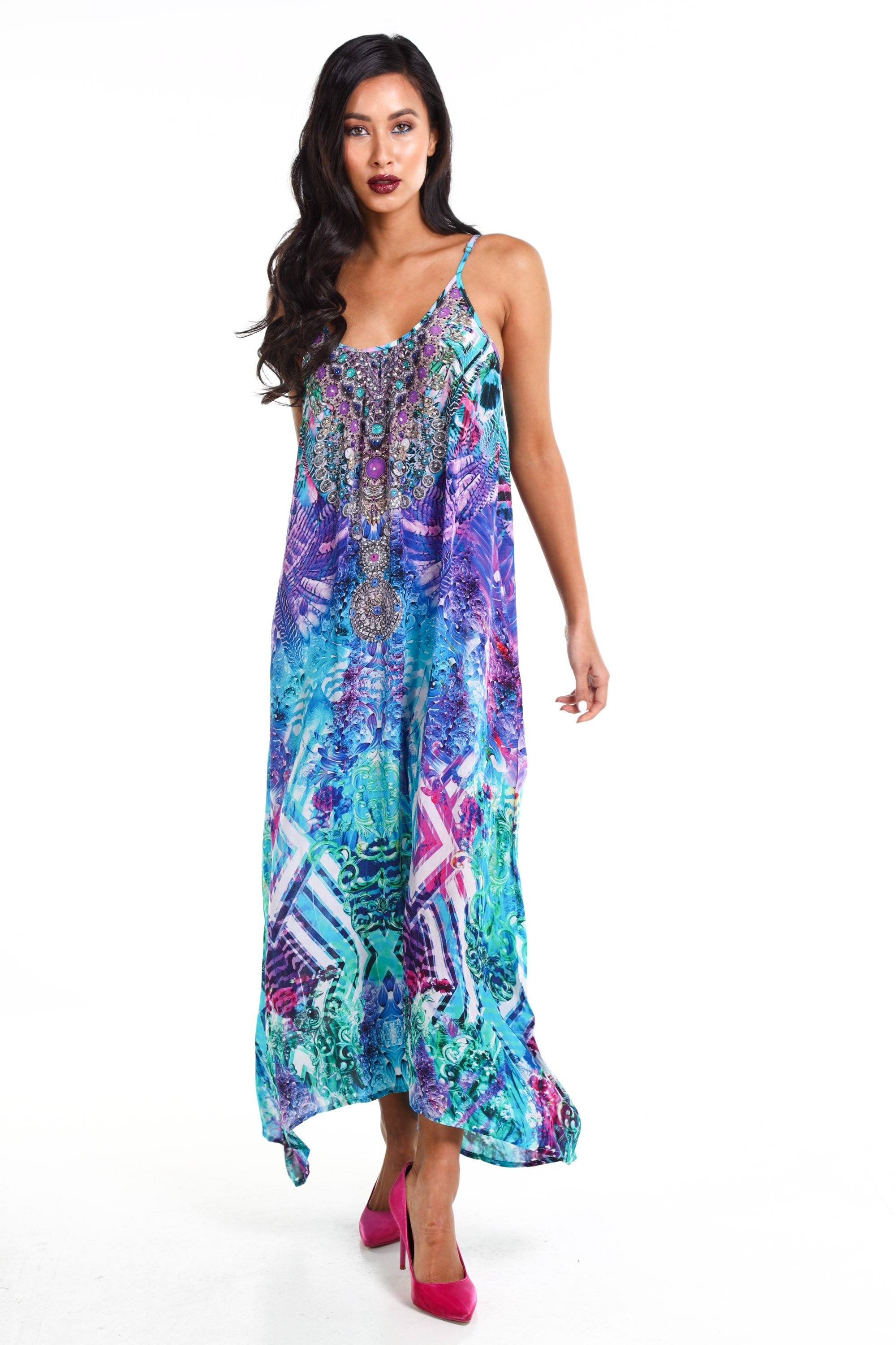 Front view of the Blue, White, Purple & Black, Red Indigo Summer Maxi Dress With Adjustable Straps (TheSwankStore) Soft Viscose fabric