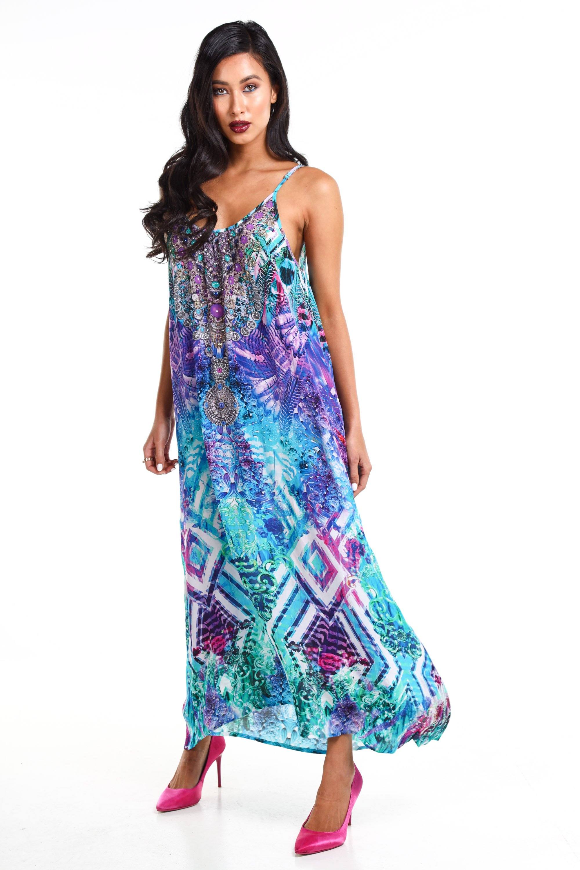 Front view of the Blue, White, Purple & Black, Red Indigo Summer Maxi Dress With Adjustable Straps (TheSwankStore) Soft Viscose fabric