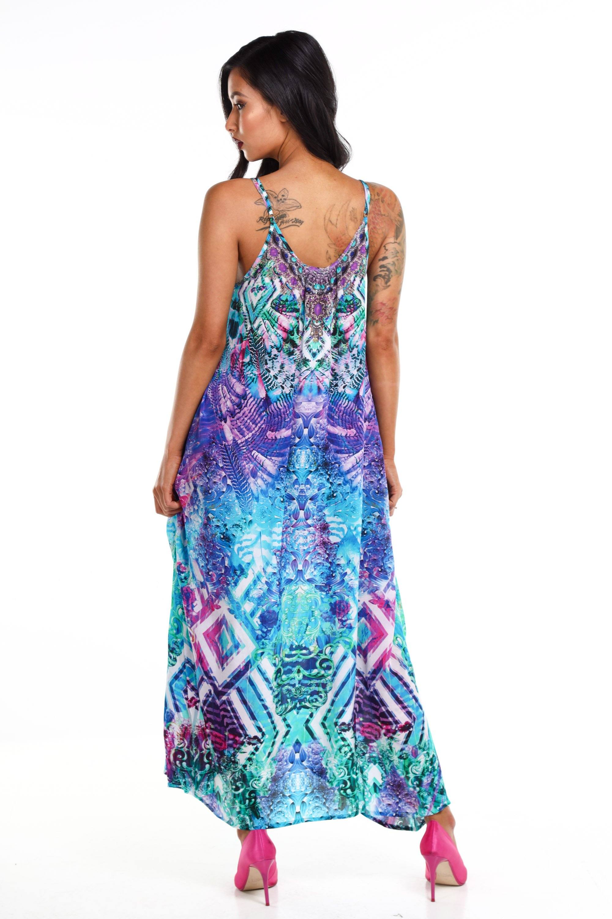 Back view of the Blue, White, Purple & Black, Red Indigo Summer Maxi Dress With Adjustable Straps (TheSwankStore) Soft Viscose fabric