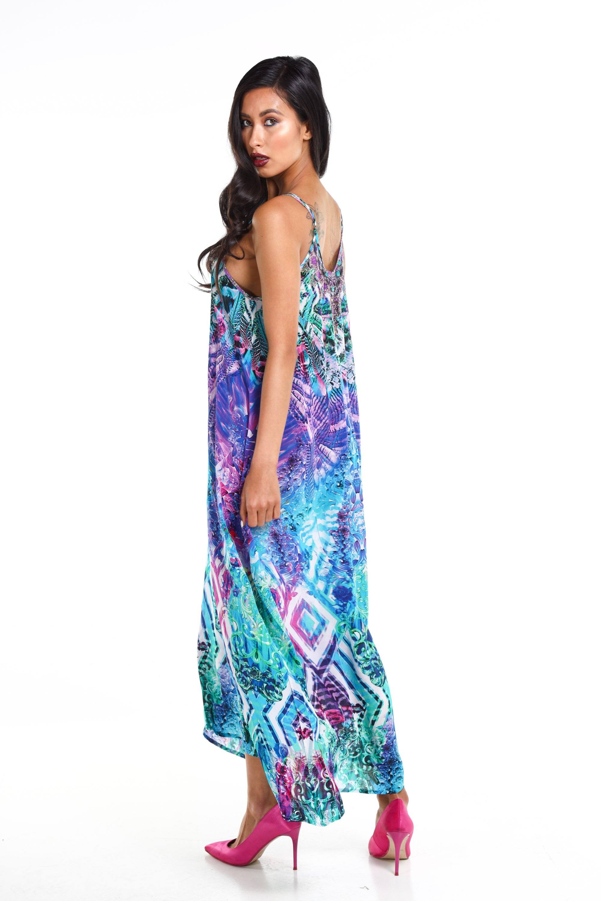 Side view of the Blue, White, Purple & Black, Red Indigo Summer Maxi Dress With Adjustable Straps (TheSwankStore) Soft Viscose fabric