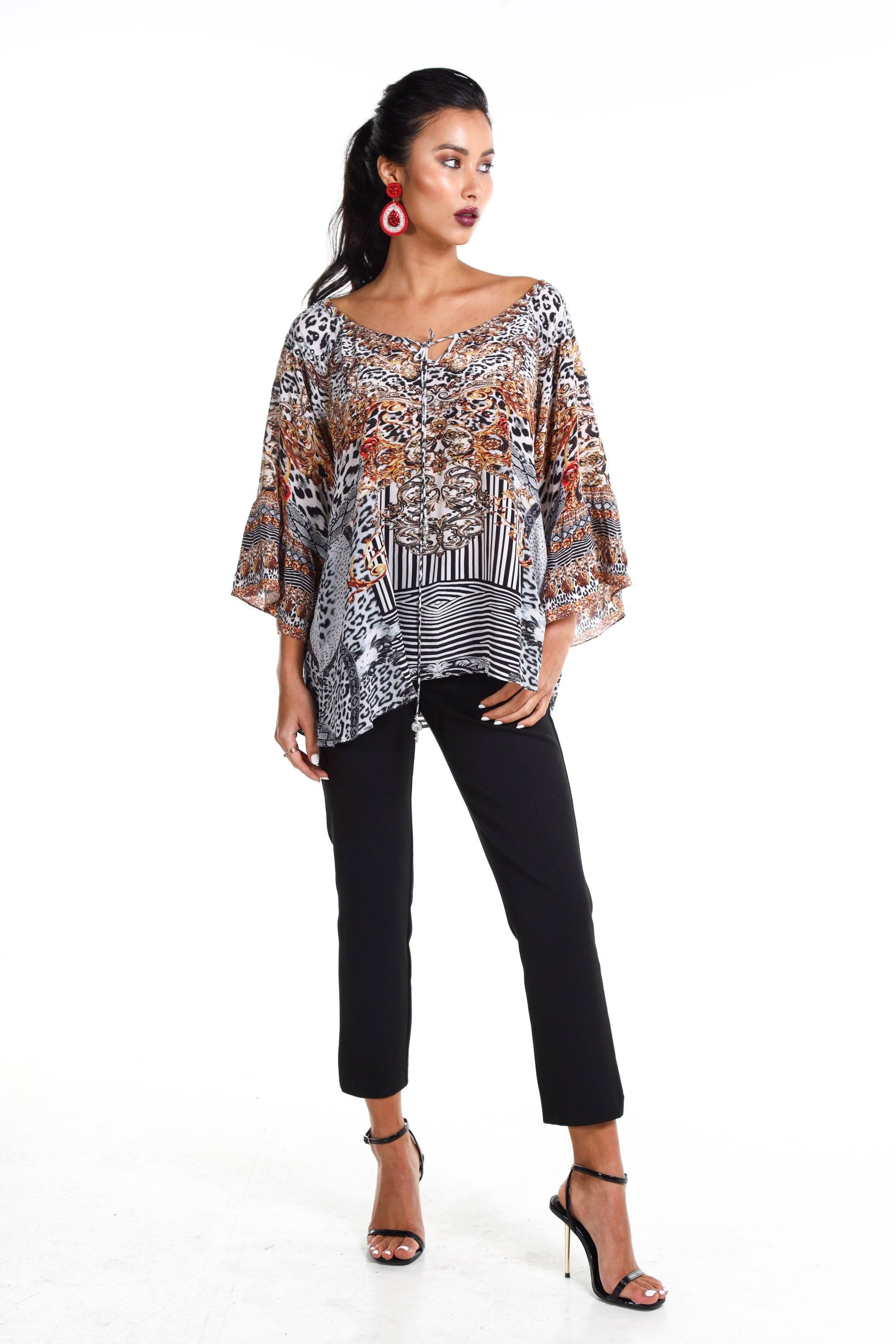 Front view of the Black, White & Orange Zaffari Gypsy Tunic (TheSwankStore) Soft Viscose fabric