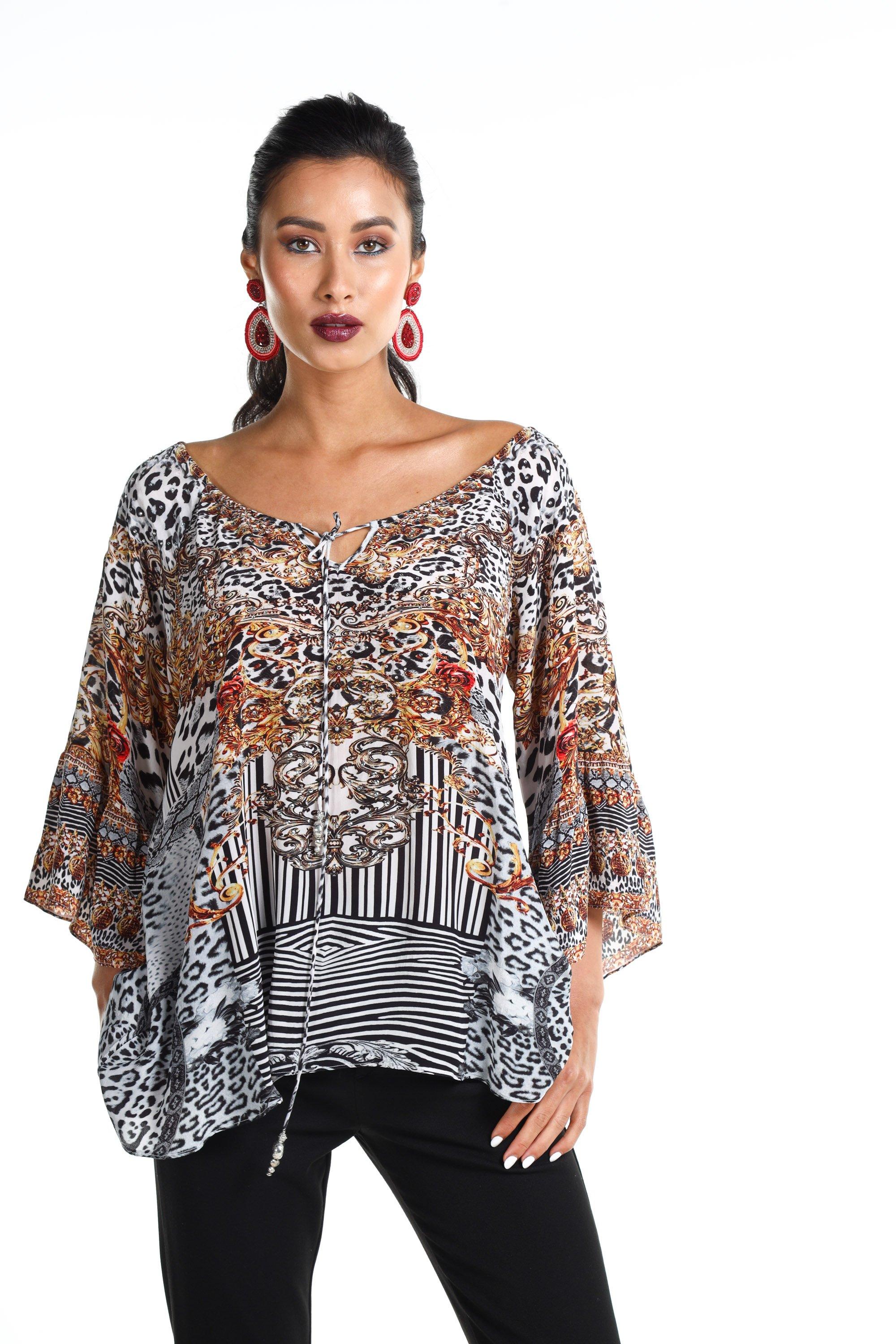 Front view of the Black, White & Orange Zaffari Gypsy Tunic (TheSwankStore) Soft Viscose fabric
