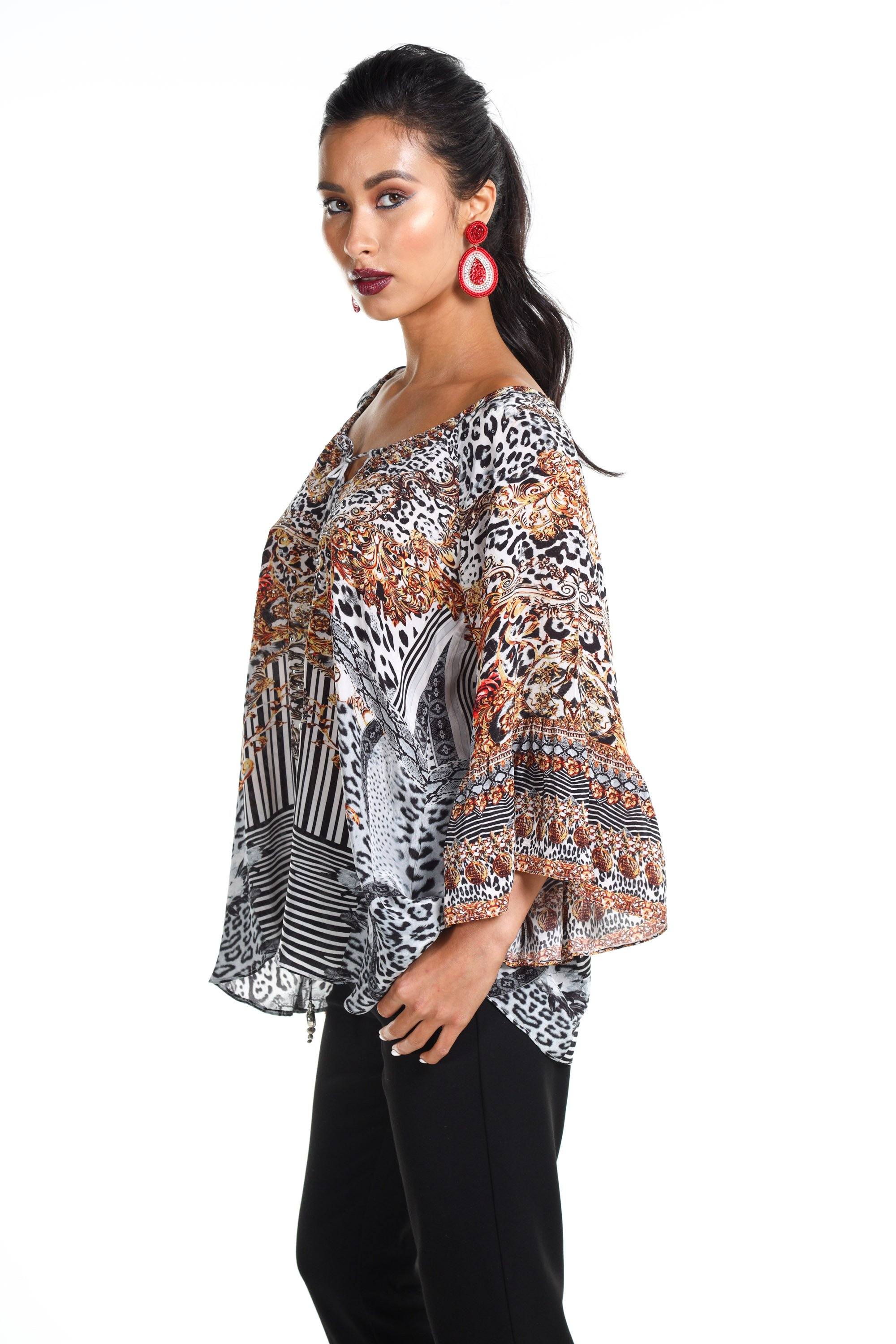 Side view of the Black, White & Orange Zaffari Gypsy Tunic (TheSwankStore) Soft Viscose fabric