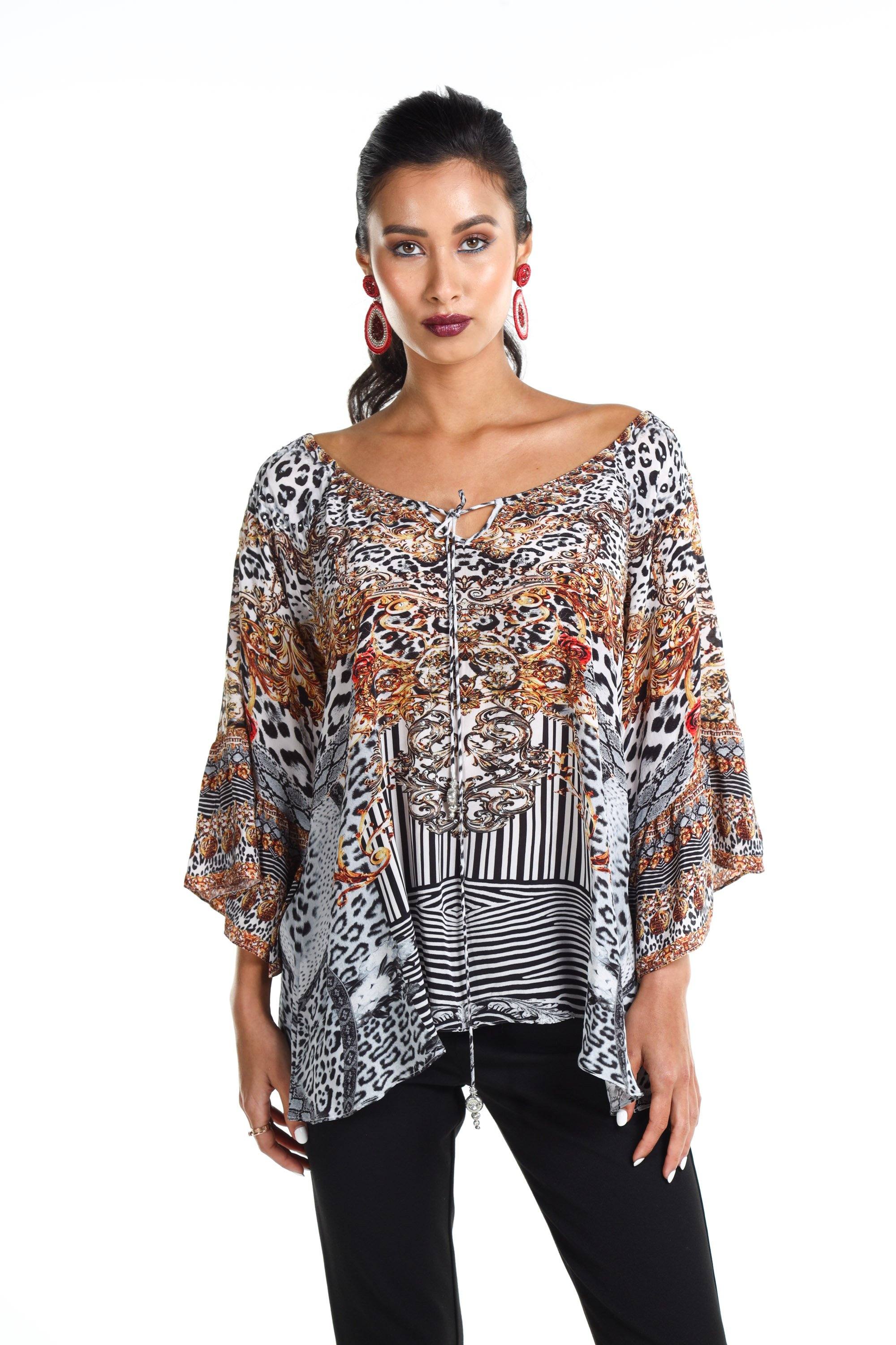Front view of the Black, White & Orange Zaffari Gypsy Tunic (TheSwankStore) Soft Viscose fabric
