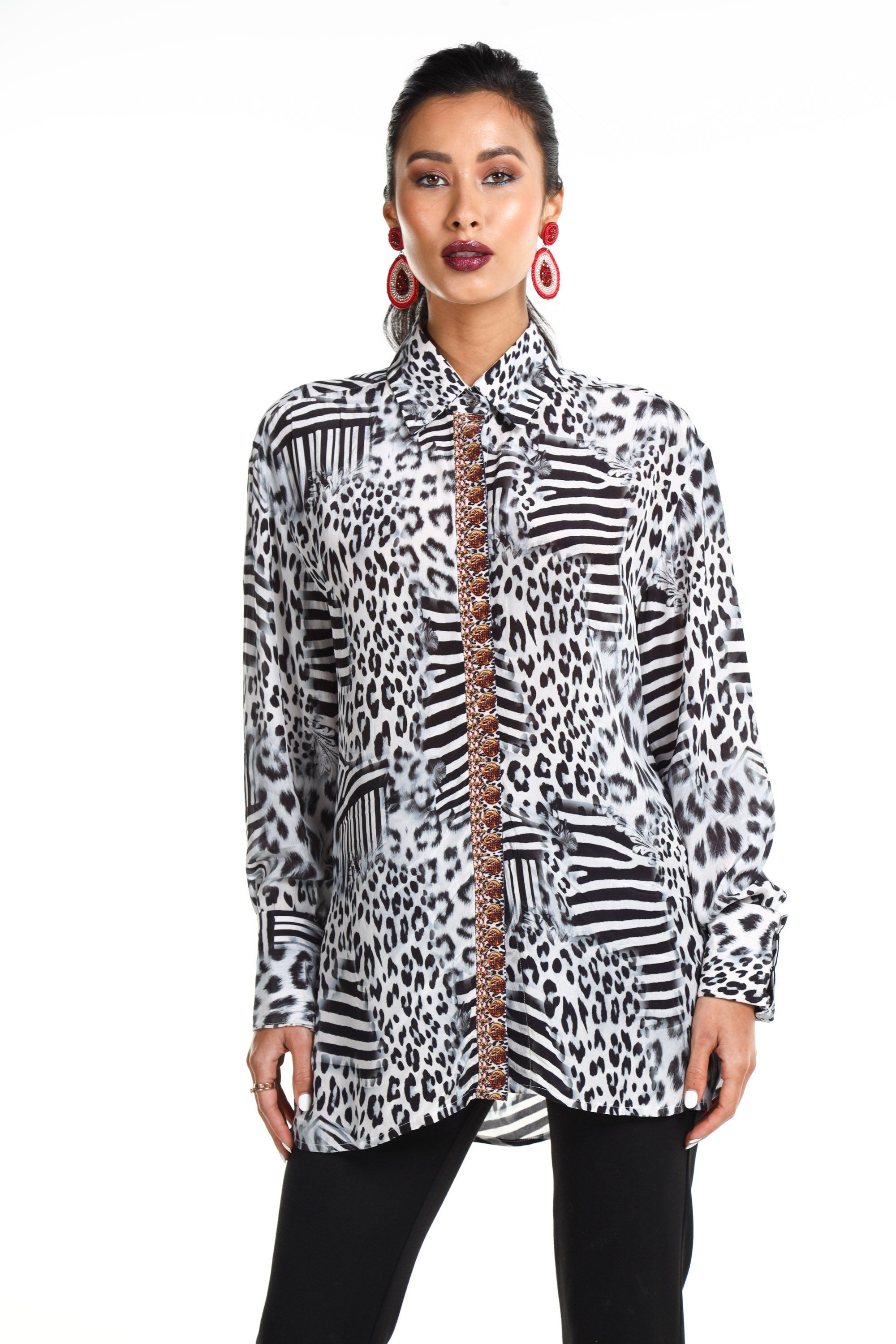 Front view of the Black, White & Orange Zaffari Collar Shirt (TheSwankStore) Soft Viscose fabric
