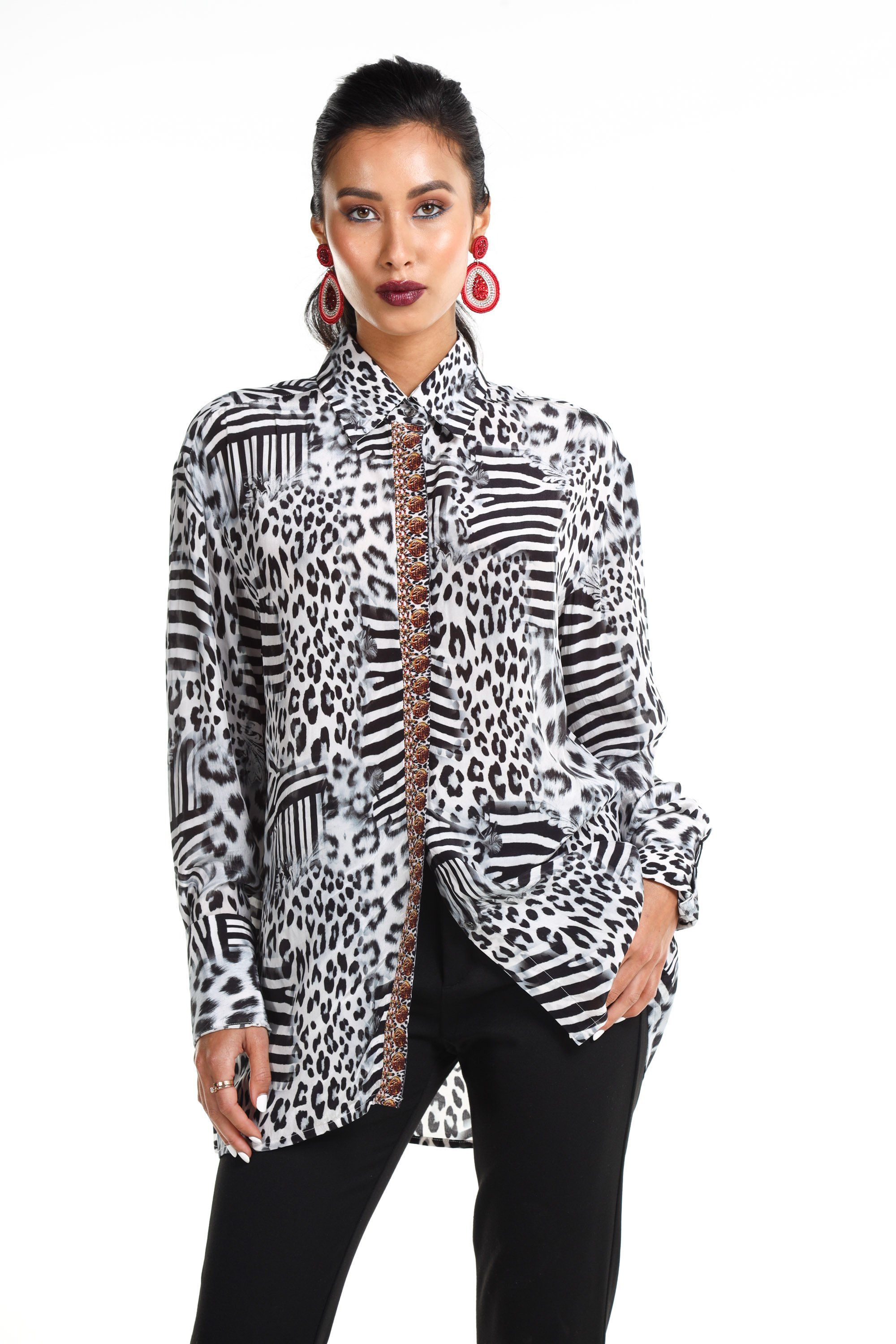 Front view of the Black, White & Orange Zaffari Collar Shirt (TheSwankStore) Soft Viscose fabric
