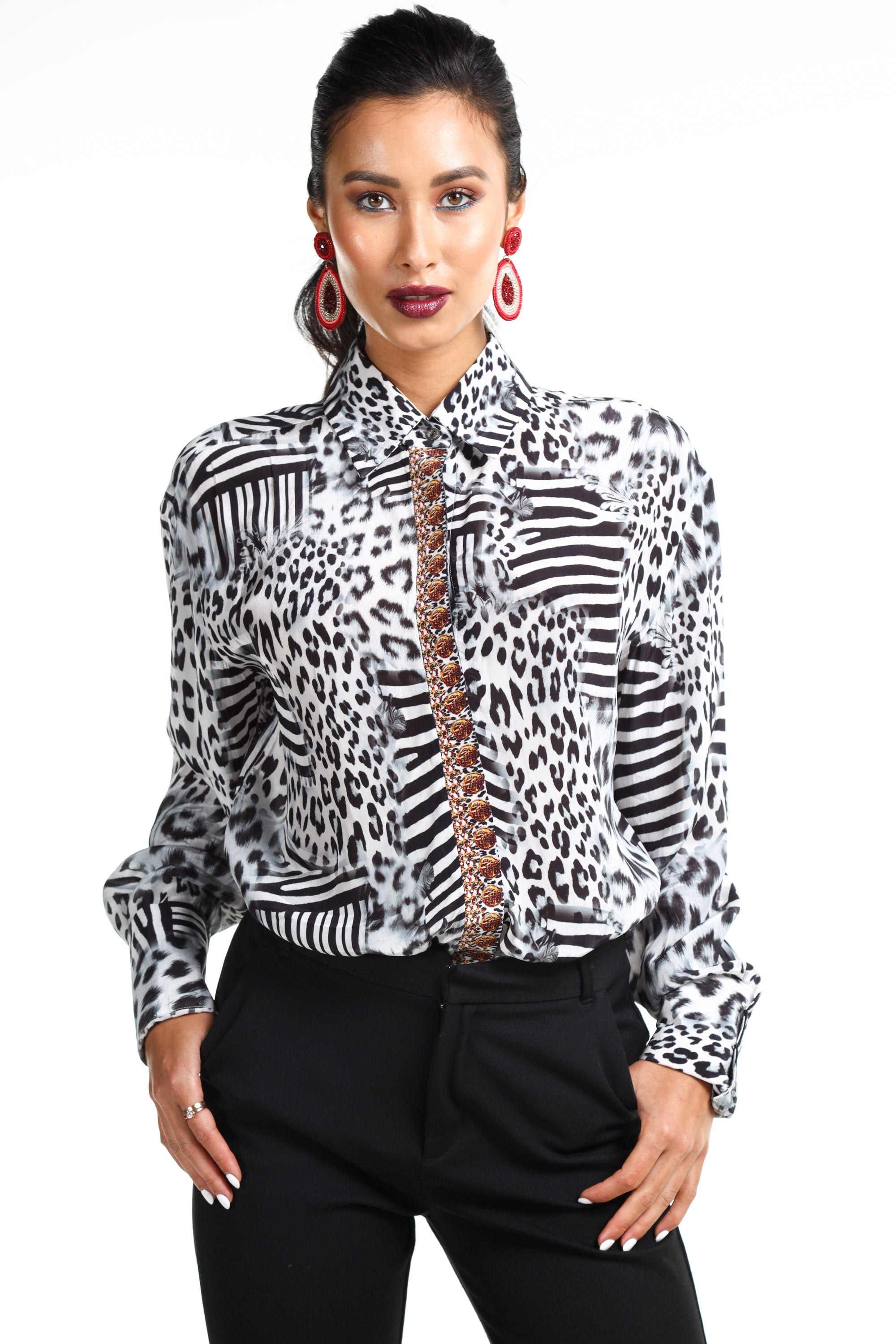 Front view of the Black, White & Orange Zaffari Collar Shirt (TheSwankStore) Soft Viscose fabric