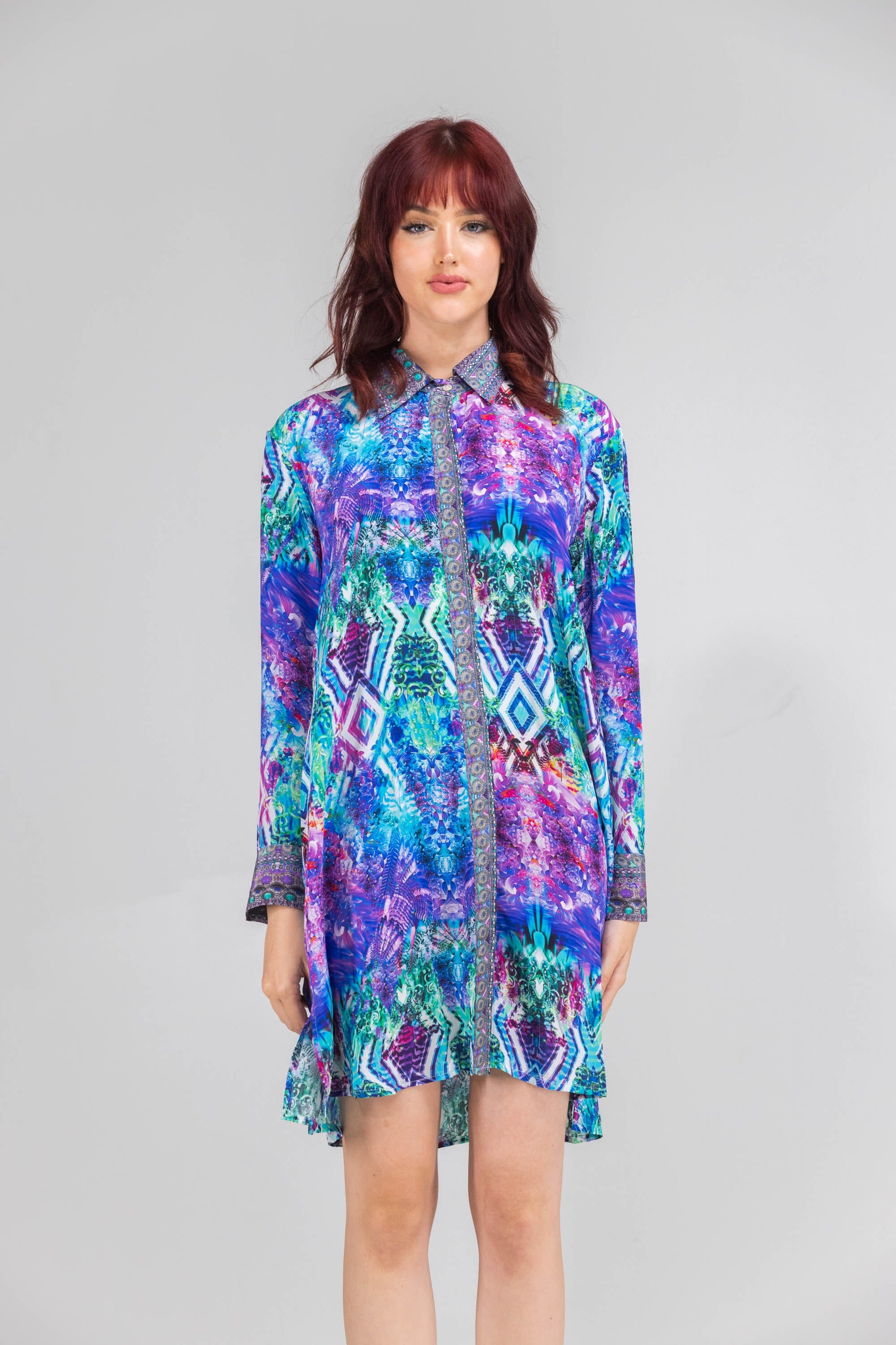 Front view of the Blue, White, Purple & Black, Red Indigo Summer Shirt Dress (TheSwankStore) Soft Viscose fabric