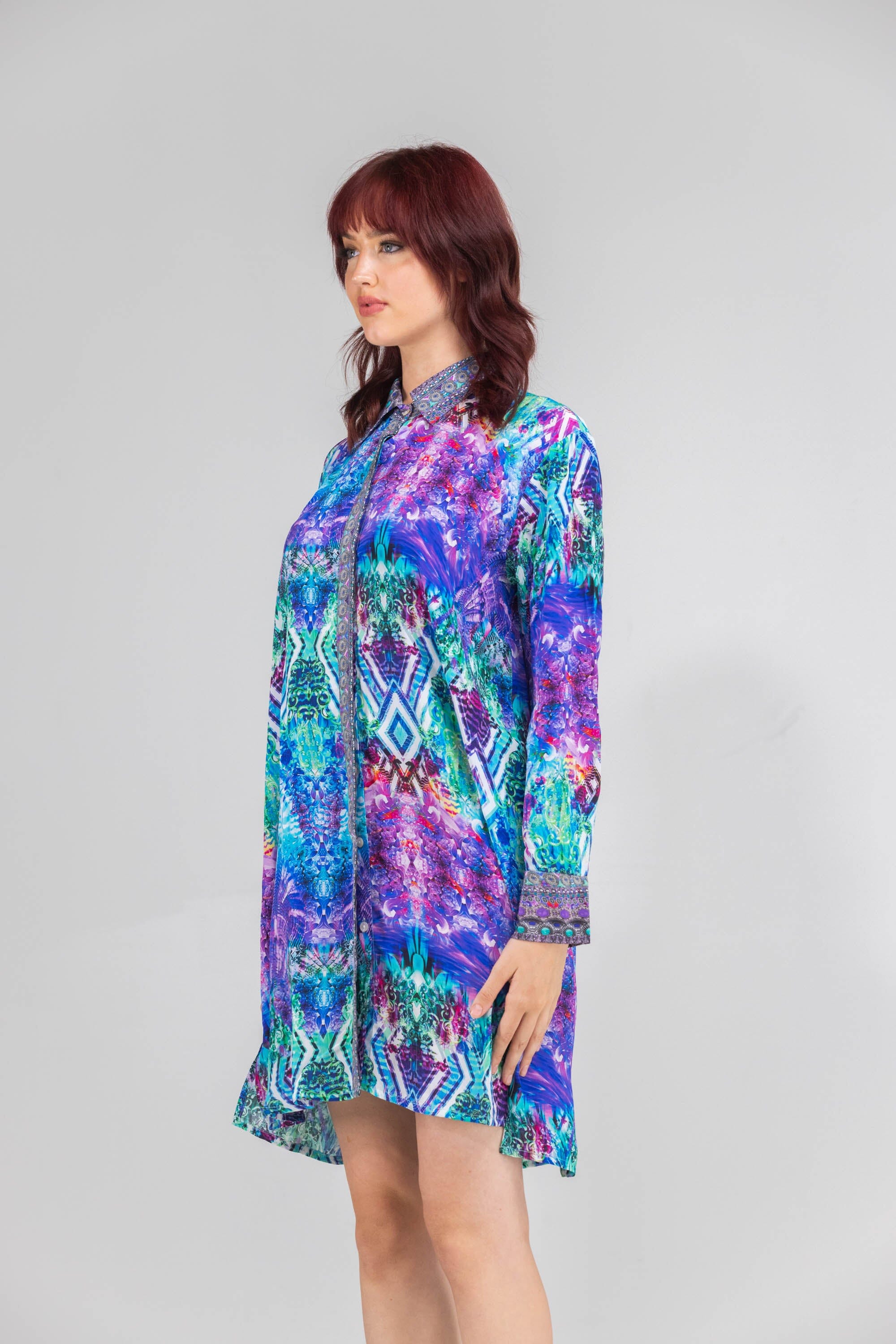 Side view of the Blue, White, Purple & Black, Red Indigo Summer Shirt Dress (TheSwankStore) Soft Viscose fabric