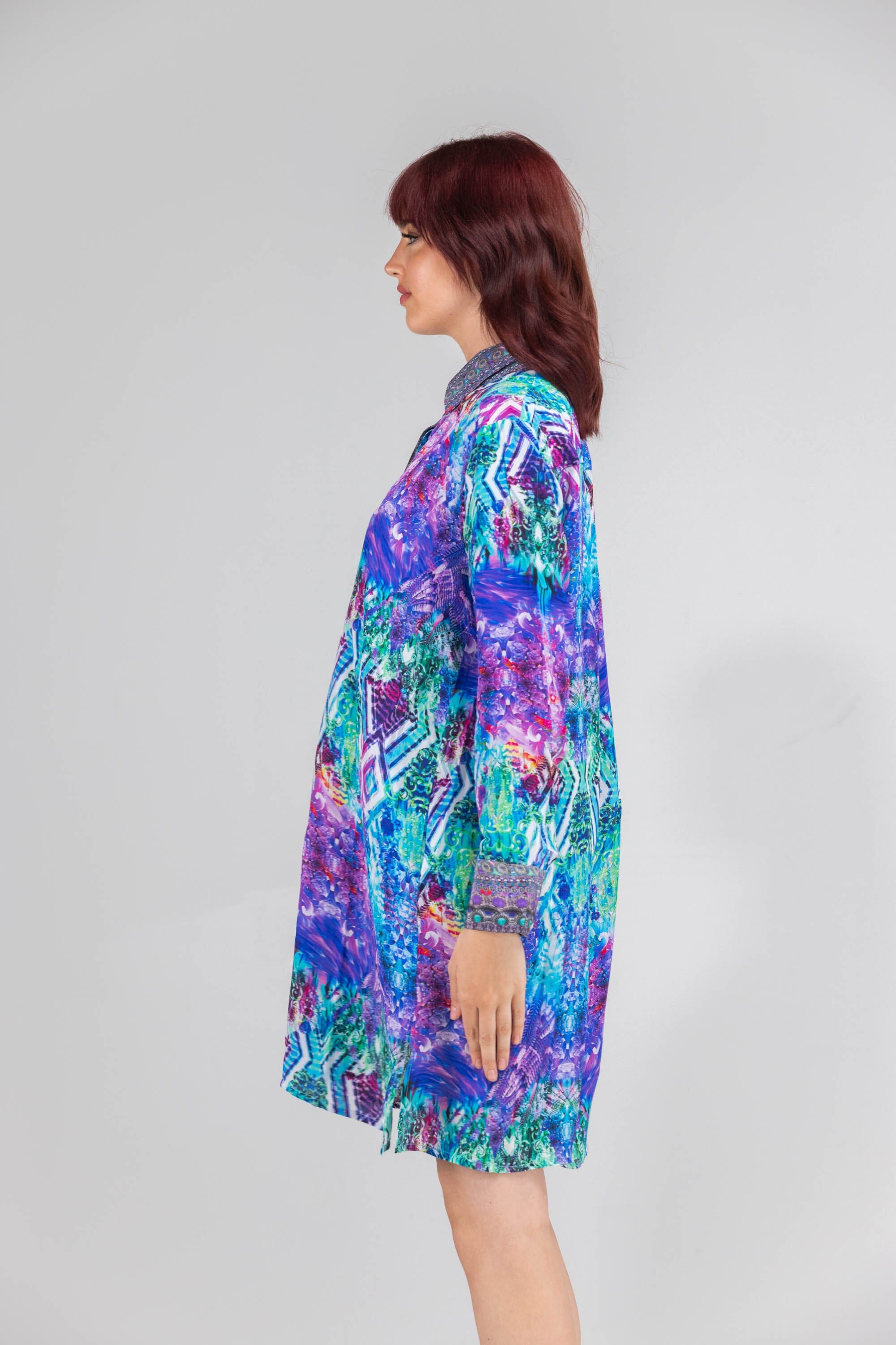 Side view of the Blue, White, Purple & Black, Red Indigo Summer Shirt Dress (TheSwankStore) Soft Viscose fabric