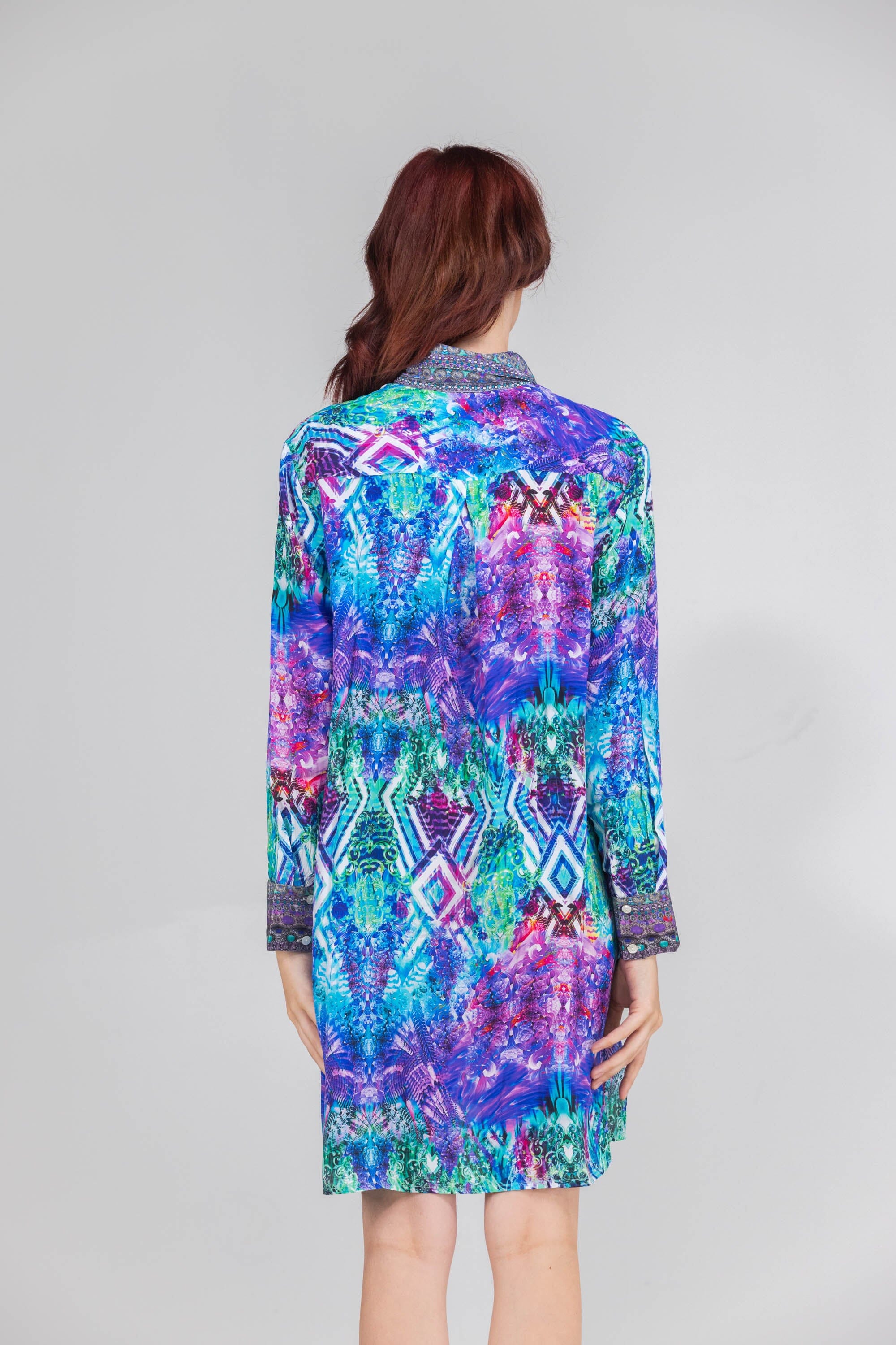 Back view of the Blue, White, Purple & Black, Red Indigo Summer Shirt Dress (TheSwankStore) Soft Viscose fabric