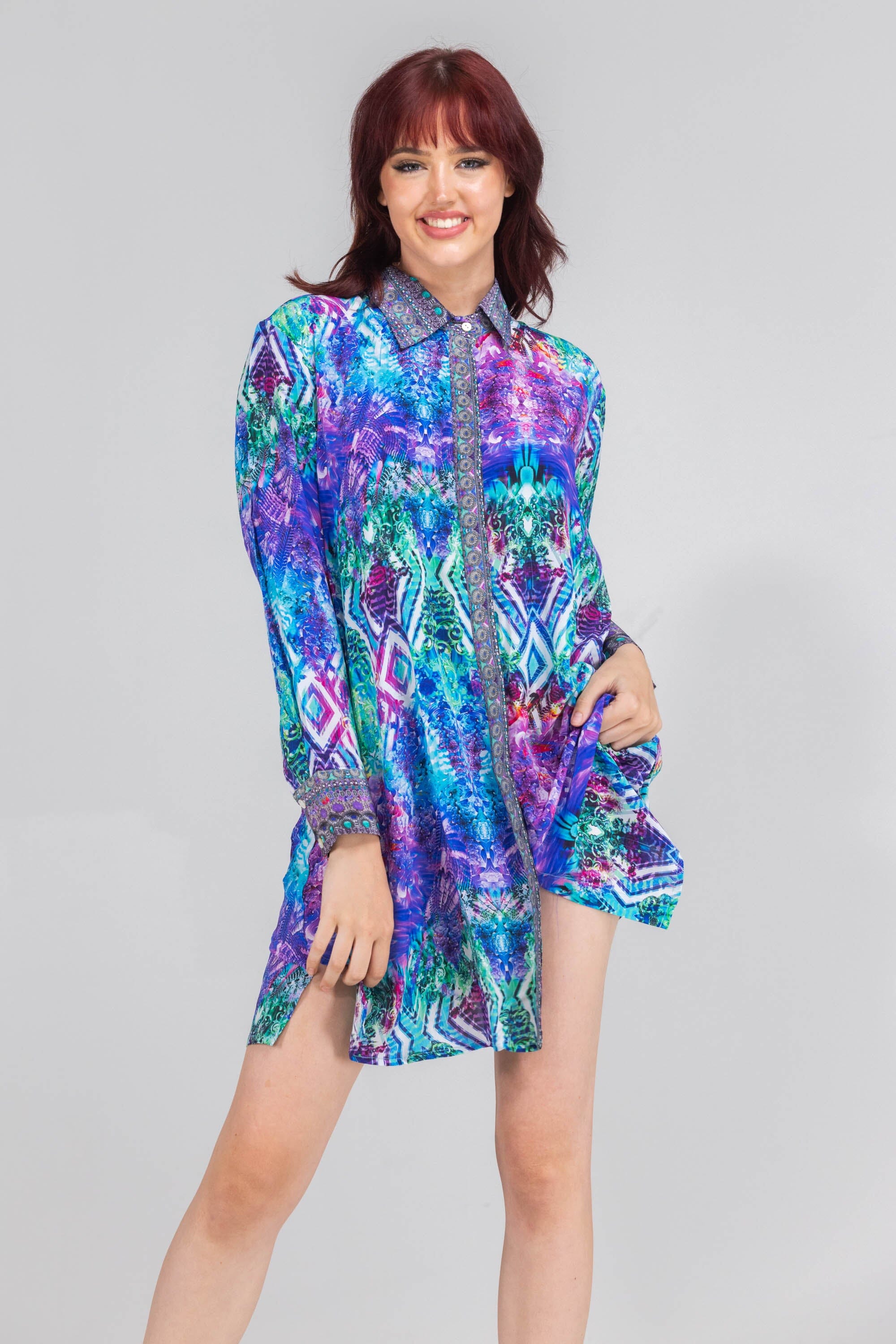 Front view of the Blue, White, Purple & Black, Red Indigo Summer Shirt Dress (TheSwankStore) Soft Viscose fabric