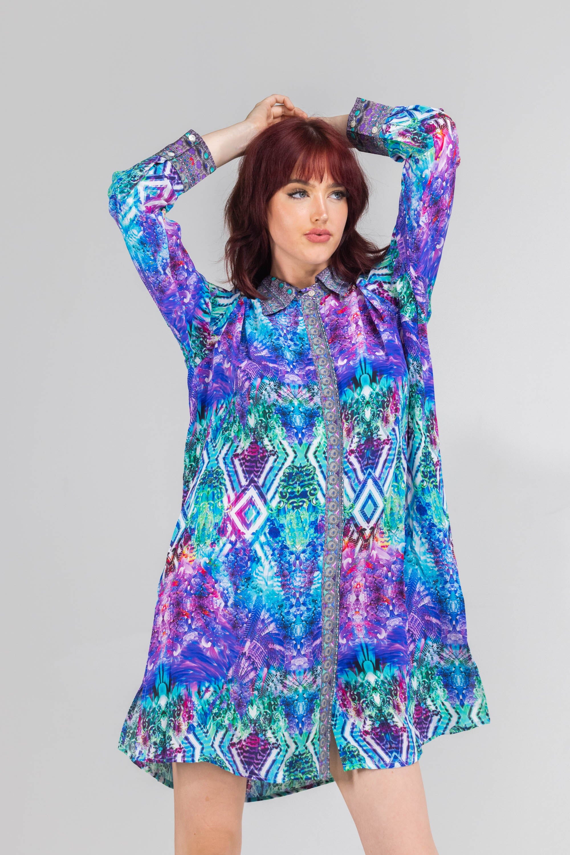 Front view of the Blue, White, Purple & Black, Red Indigo Summer Shirt Dress (TheSwankStore) Soft Viscose fabric