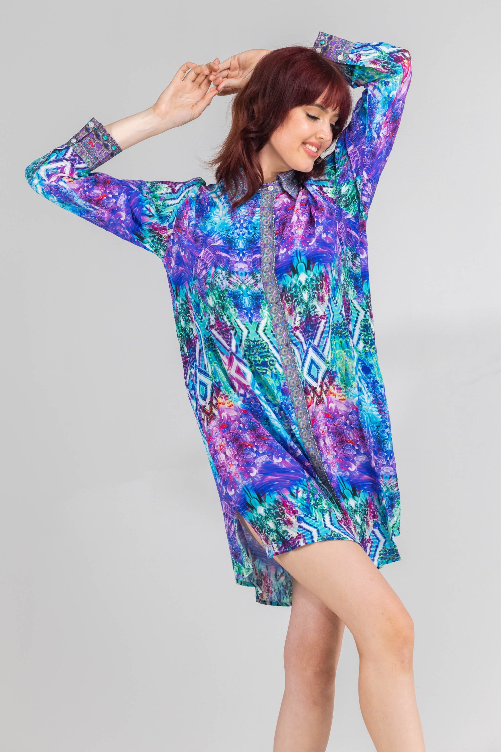 Front view of the Blue, White, Purple & Black, Red Indigo Summer Shirt Dress (TheSwankStore) Soft Viscose fabric