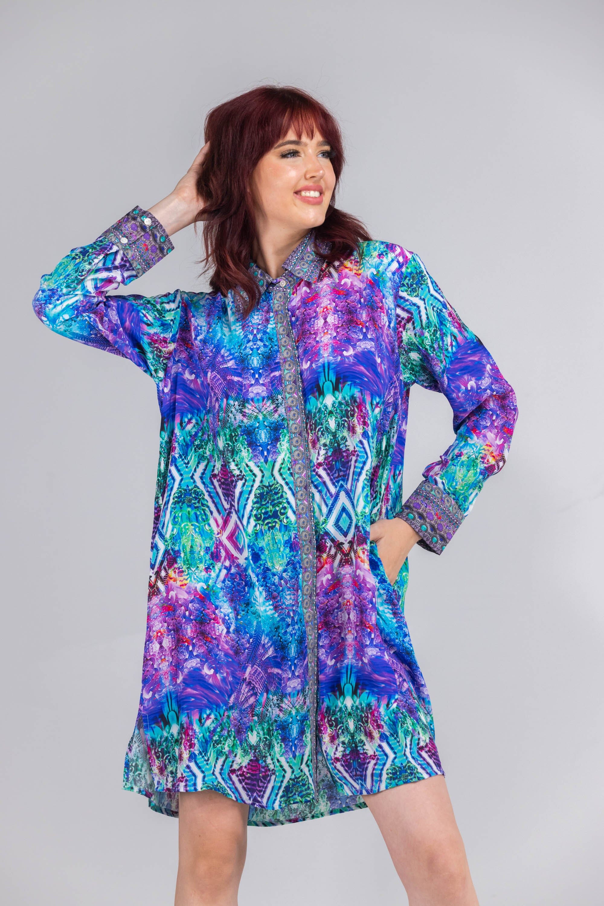 Front view of the Blue, White, Purple & Black, Red Indigo Summer Shirt Dress (TheSwankStore) Soft Viscose fabric